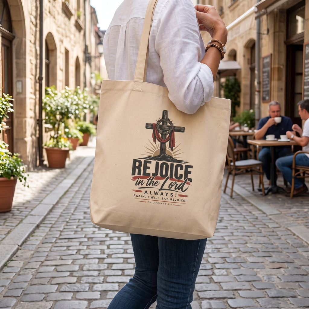 Rejoice in the Lord Tote Bag — Christian Cross Faith Canvas Eco Tote