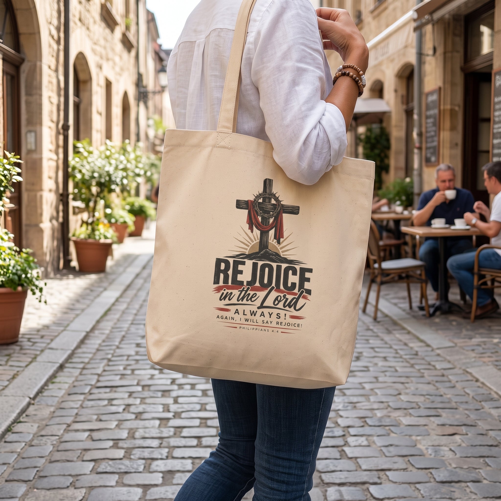 Rejoice in the Lord Tote Bag — Christian Cross Faith Canvas Eco Tote