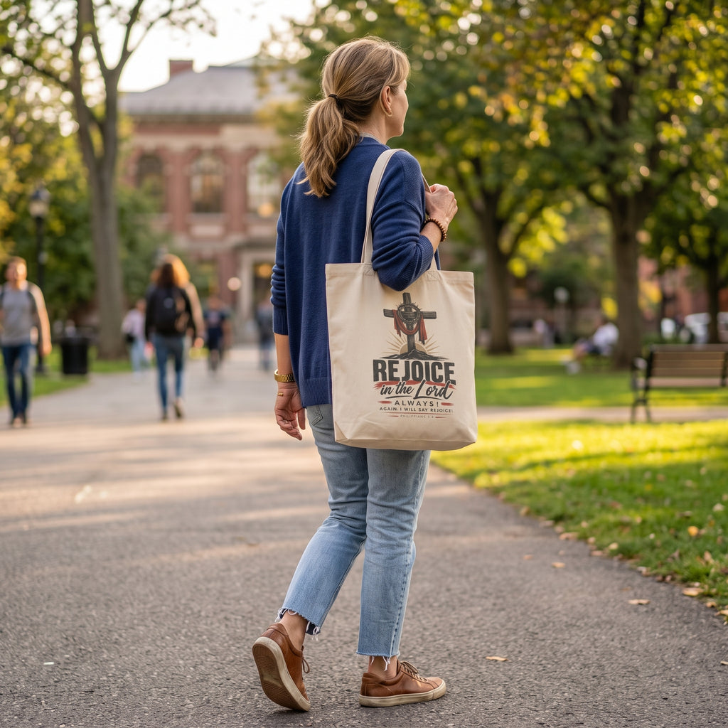Rejoice in the Lord Tote Bag — Christian Cross Faith Canvas Eco Tote