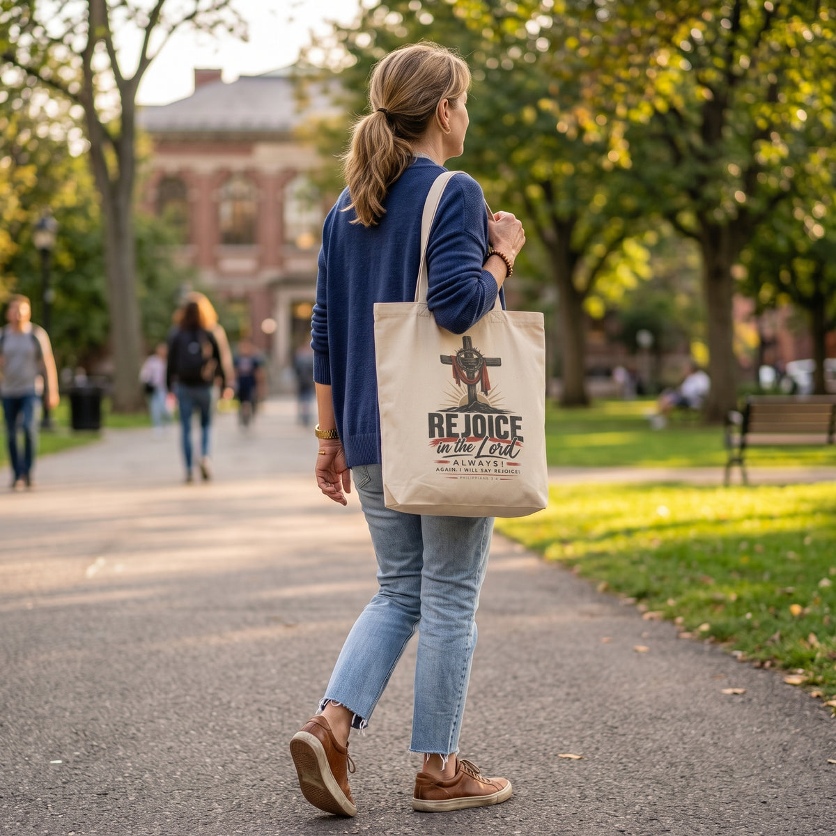 Rejoice in the Lord Tote Bag — Christian Cross Faith Canvas Eco Tote