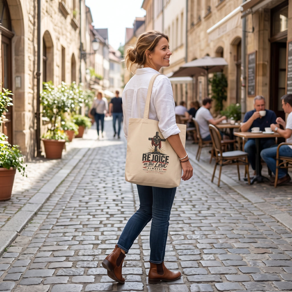 Rejoice in the Lord Tote Bag — Christian Cross Faith Canvas Eco Tote