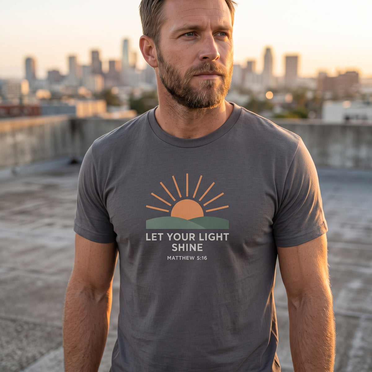 Let Your Light Shine T‑Shirt — Inspirational Christian Sunrise Tee (Matthew 5:16)