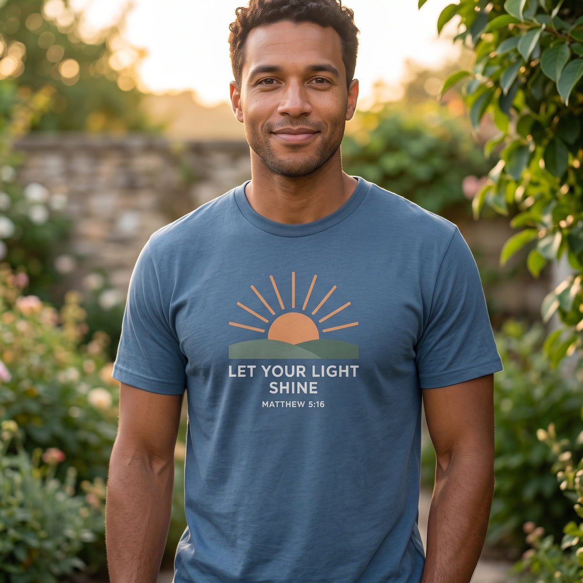 Let Your Light Shine T‑Shirt — Inspirational Christian Sunrise Tee (Matthew 5:16)