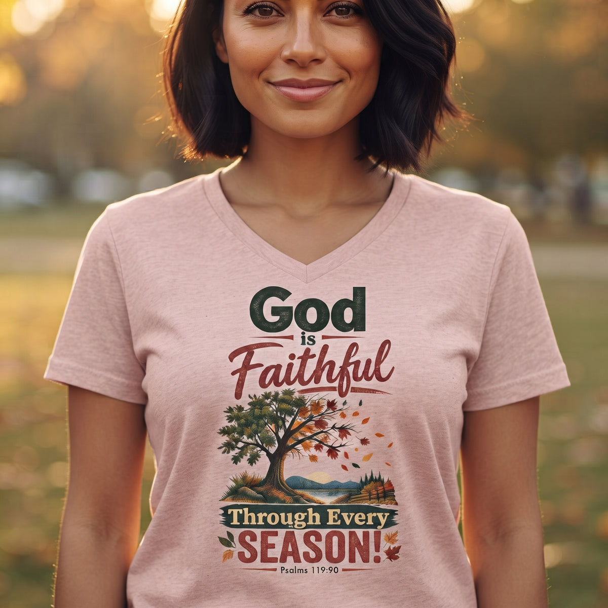God is Faithful Through Every Season - Women's V-Neck Tee
