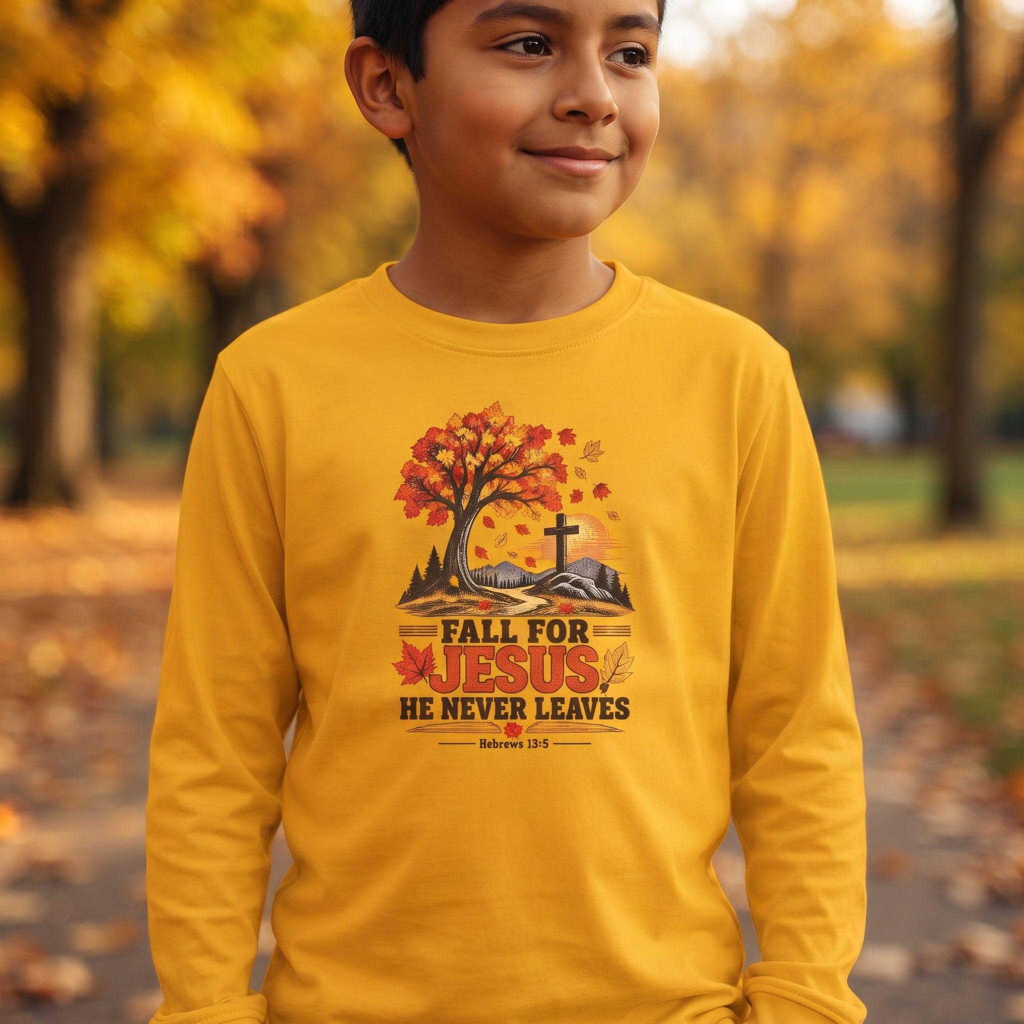 Youth  - Fall for Jesus - He Never Leaves - Autumn Long Sleeve Tee