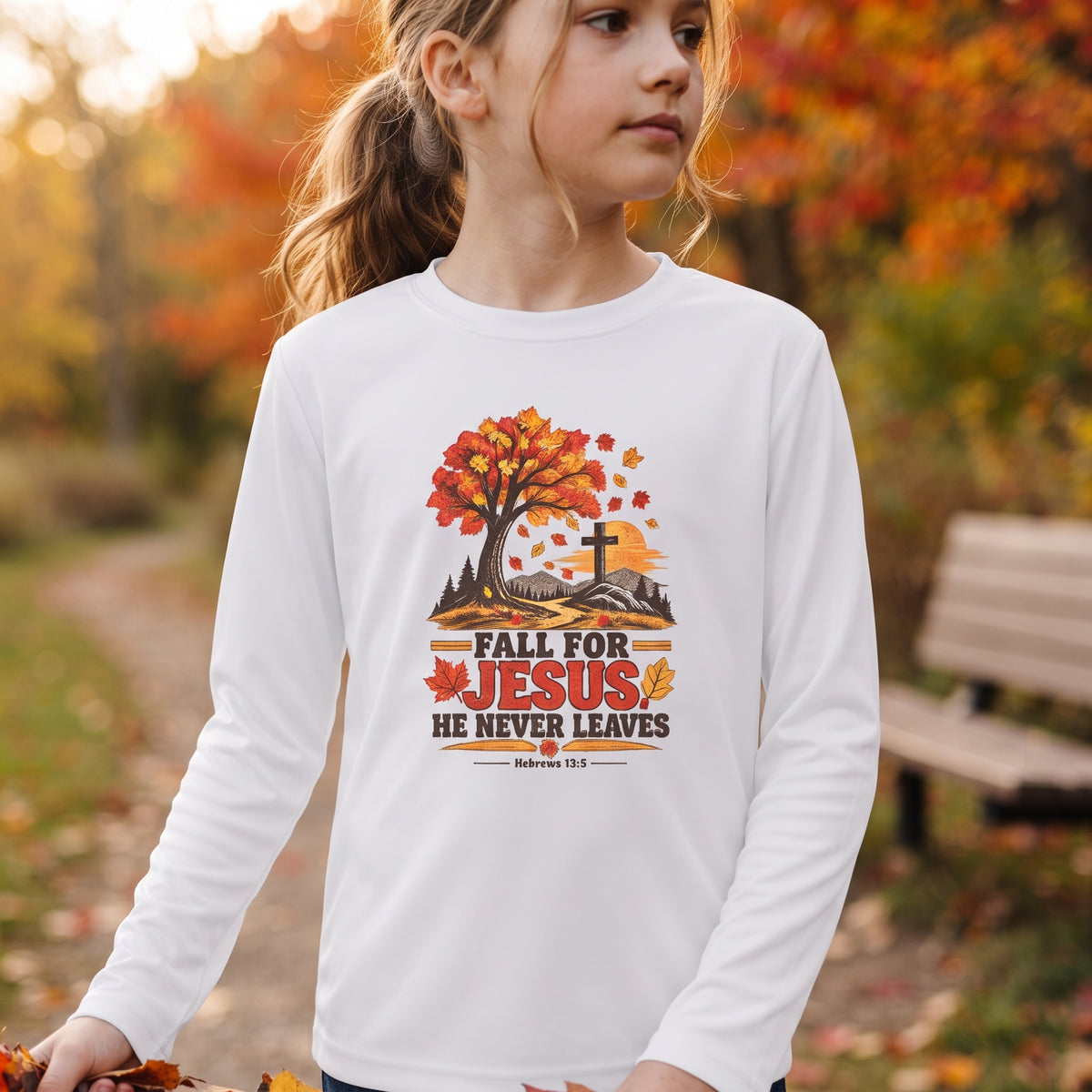 Youth Long Sleeve Tee — "Fall for Jesus He Never Leaves" Autumn Cross Design