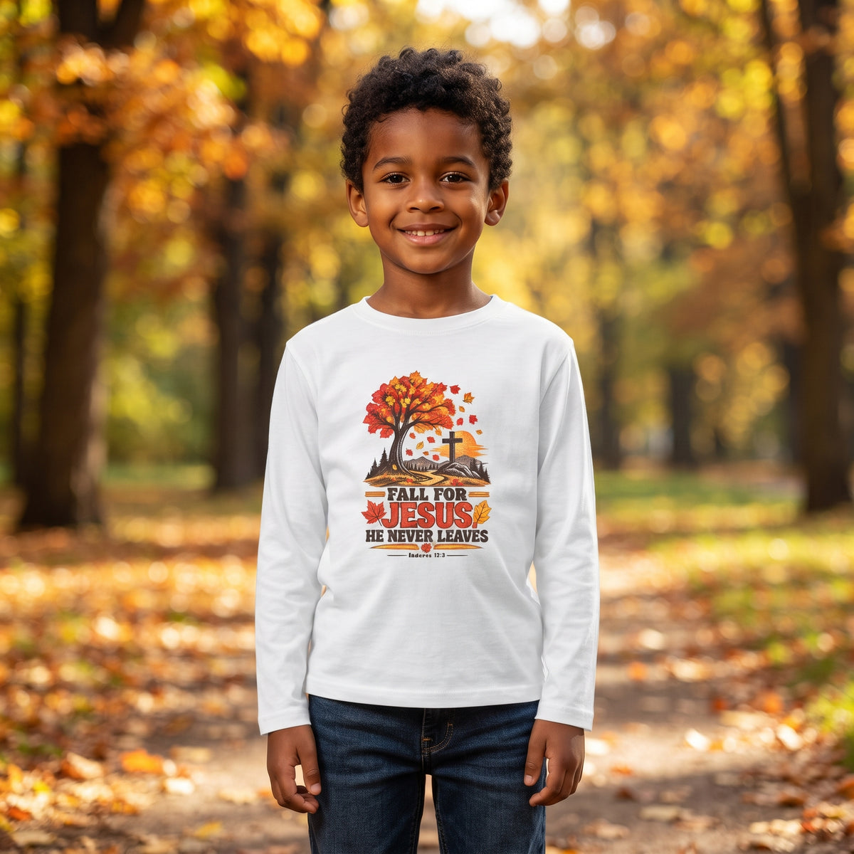 Youth Long Sleeve Tee — "Fall for Jesus He Never Leaves" Autumn Cross Design