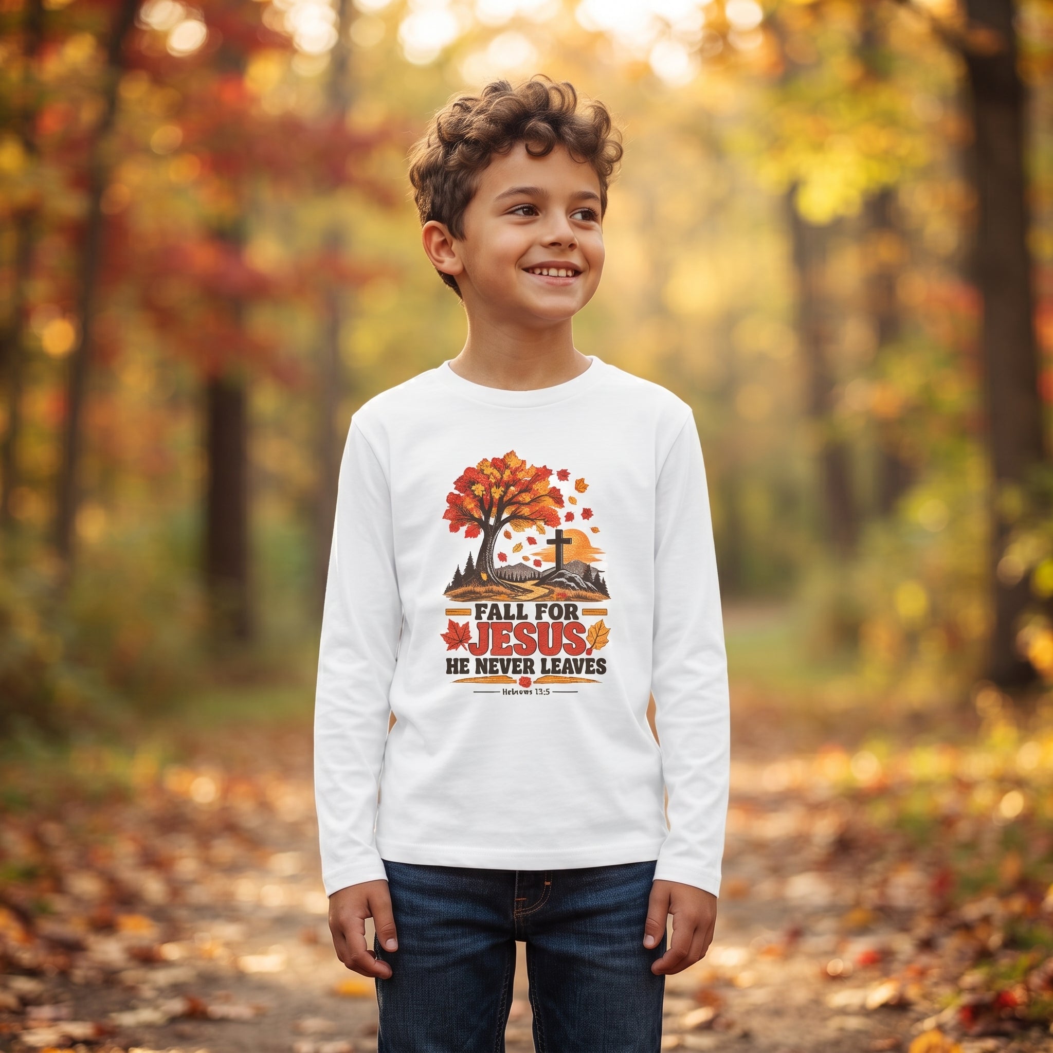 Youth  - Fall for Jesus - He Never Leaves - Autumn Long Sleeve Tee