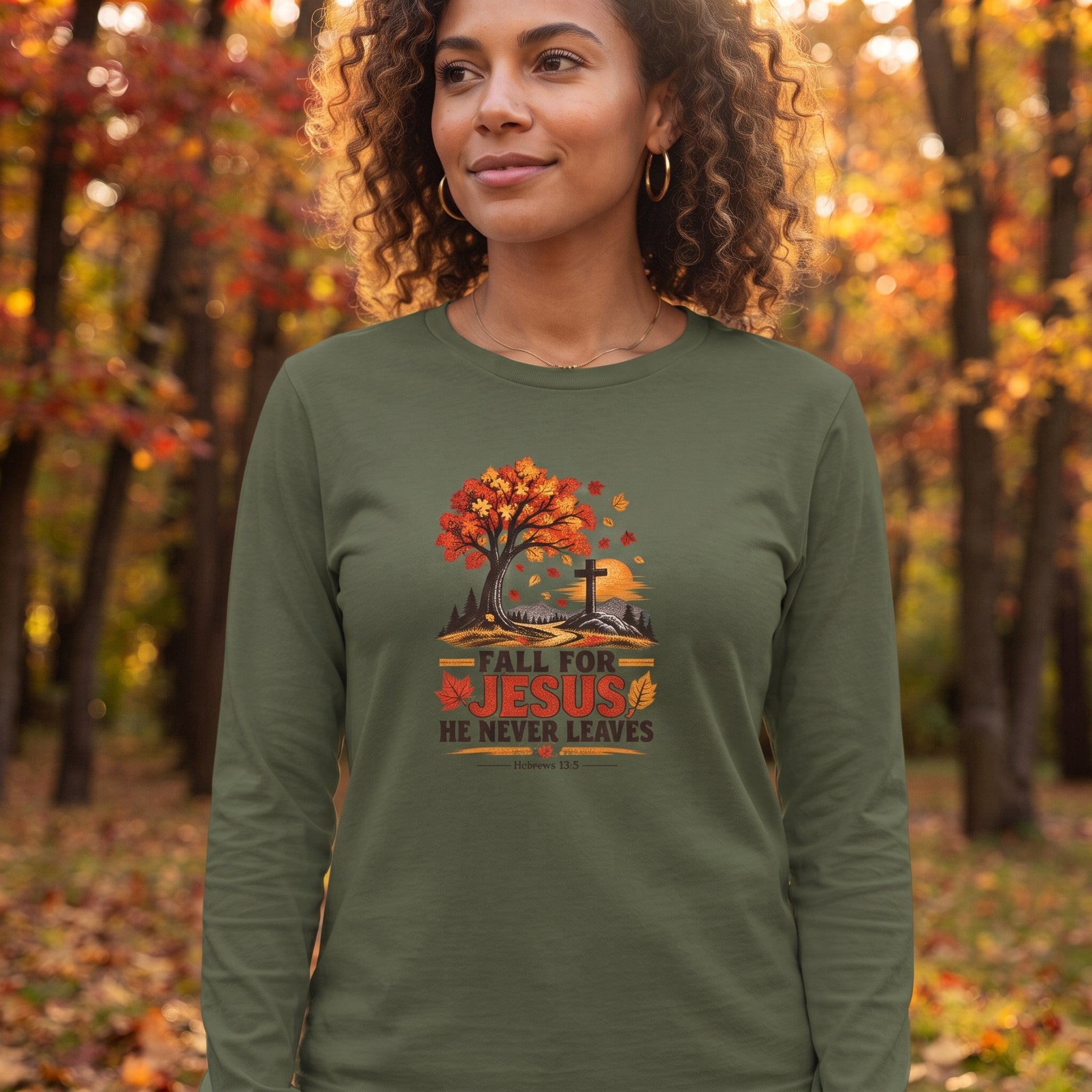 Fall for Jesus - He Never Leaves - Long Sleeve Tee