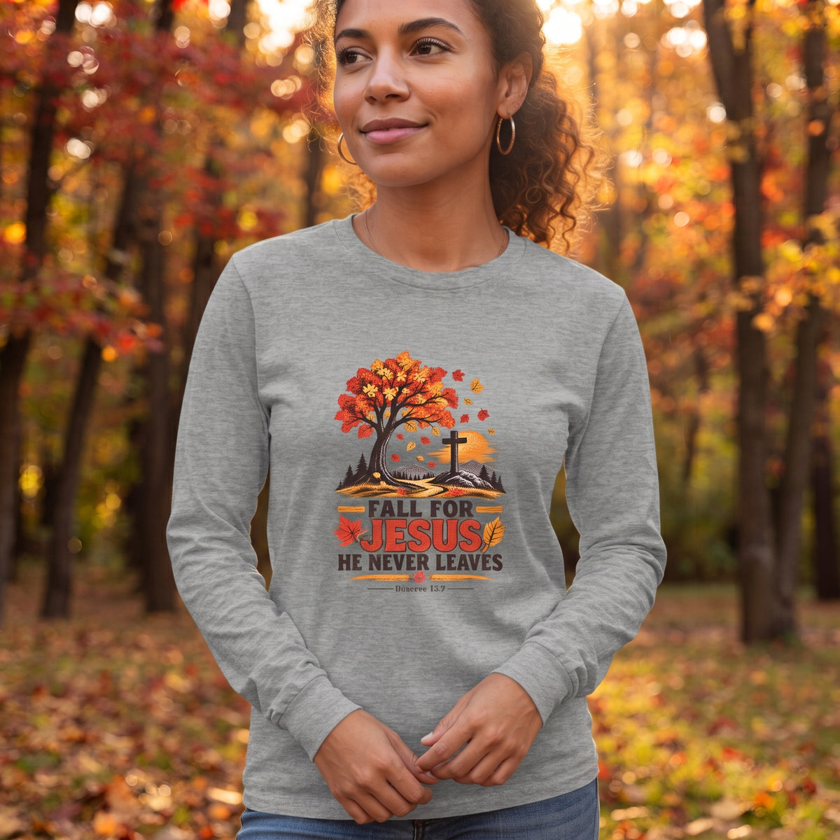 Fall for Jesus - He Never Leaves - Long Sleeve Tee