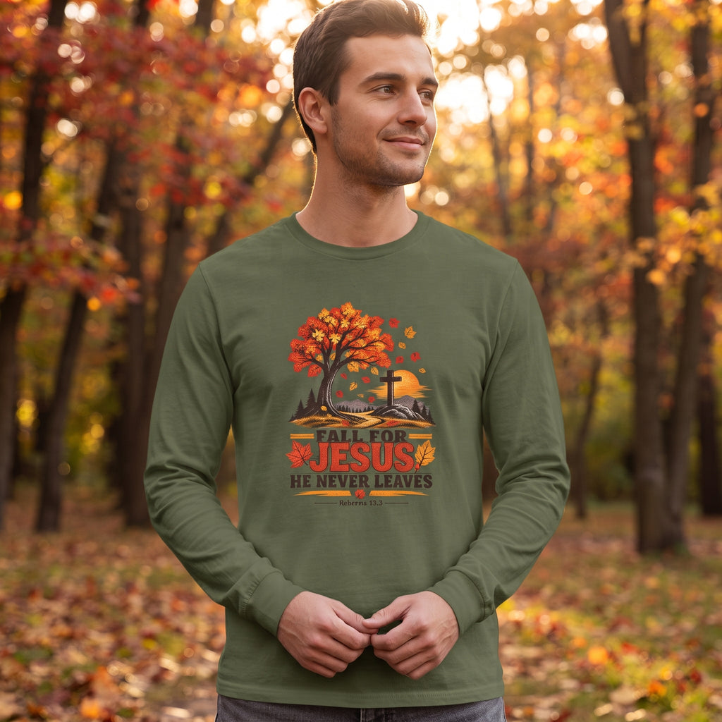 Fall for Jesus - He Never Leaves - Long Sleeve Tee