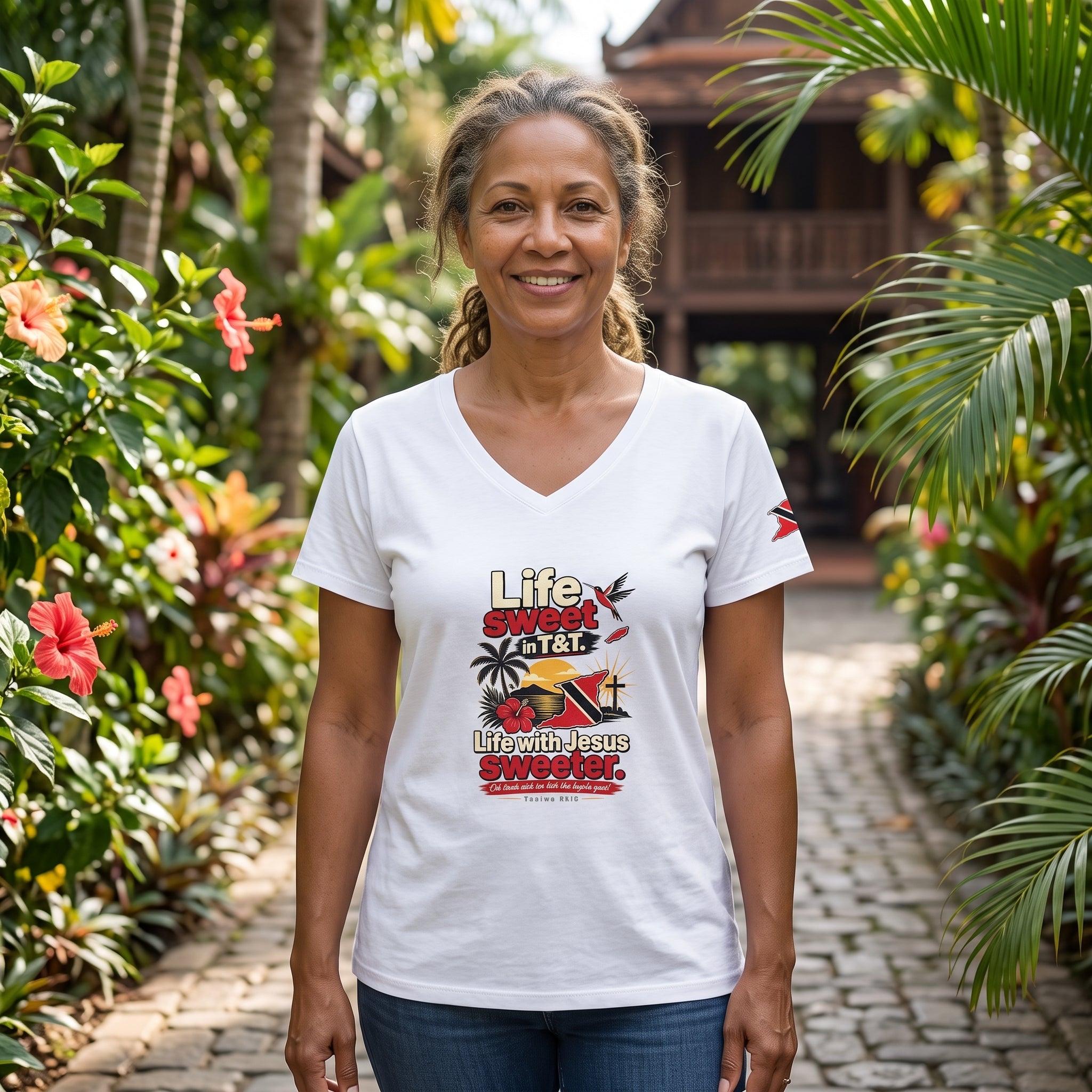 Life Sweet in T&T - Life with Jesus Sweeter - Trinidad Graphic V-Neck Tee