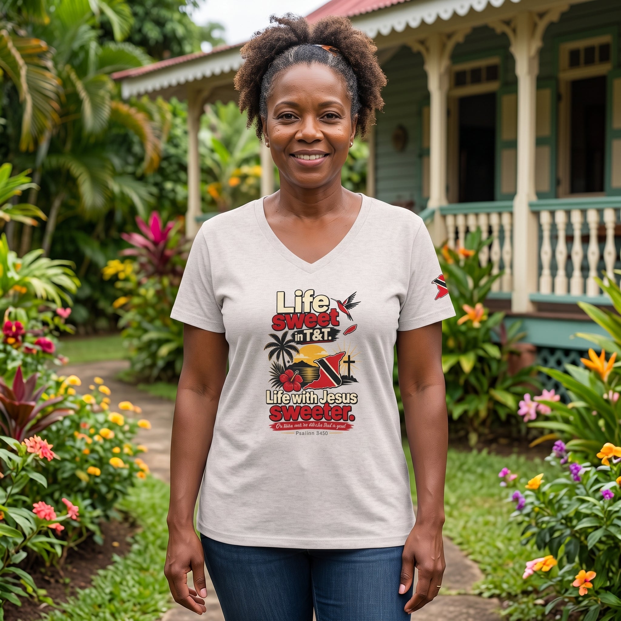 Life Sweet in T&T - Life with Jesus Sweeter - Trinidad Graphic V-Neck Tee