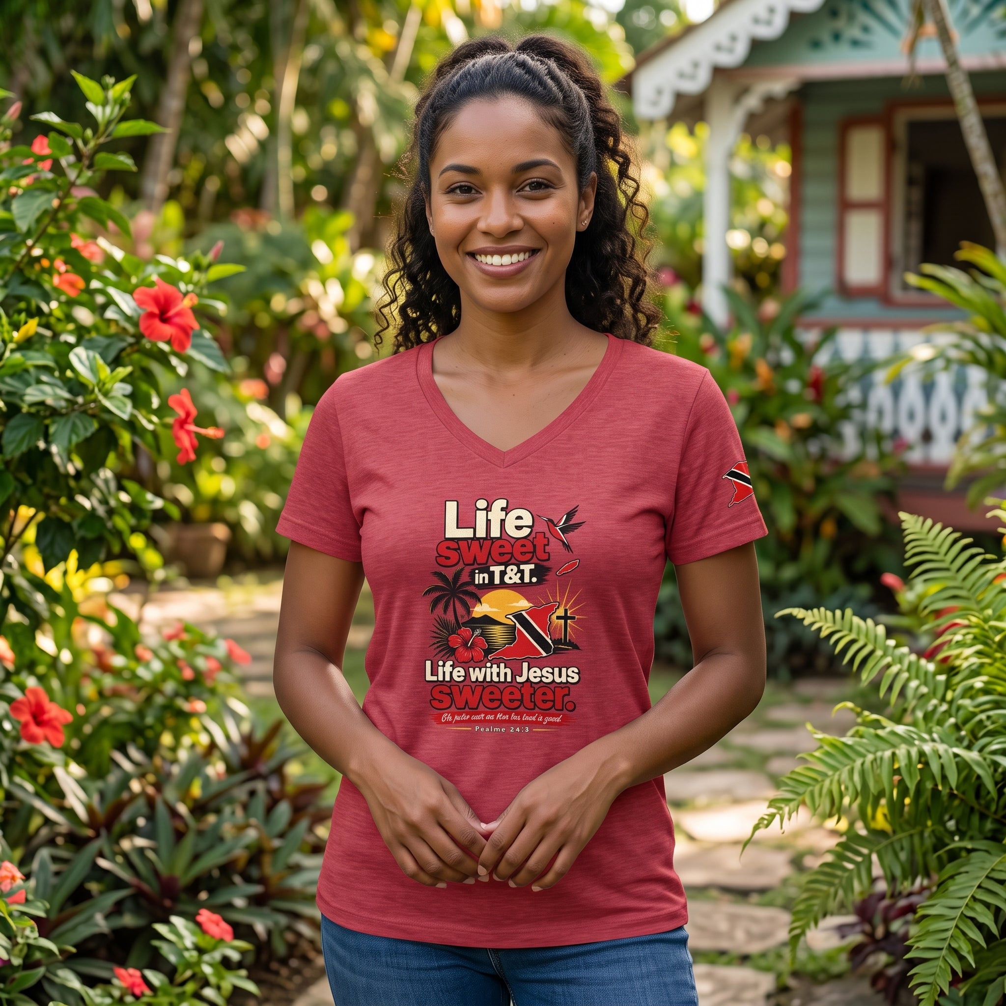 Life Sweet in T&T - Life with Jesus Sweeter - Trinidad Graphic V-Neck Tee