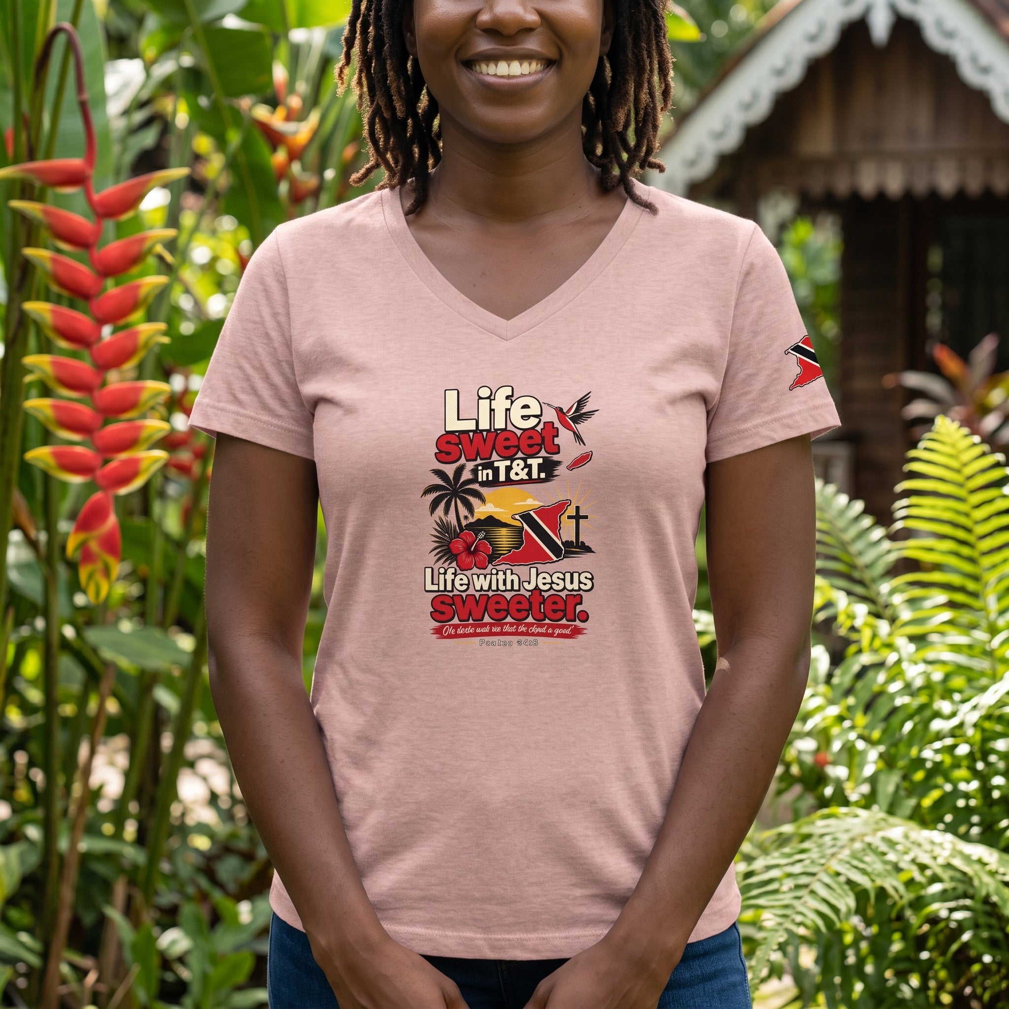 Life Sweet in T&T - Life with Jesus Sweeter - Trinidad Graphic V-Neck Tee