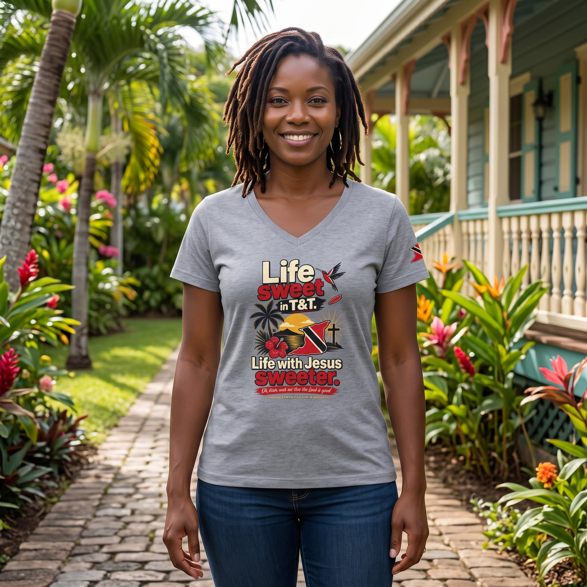 Life Sweet in T&T - Life with Jesus Sweeter - Trinidad Graphic V-Neck Tee