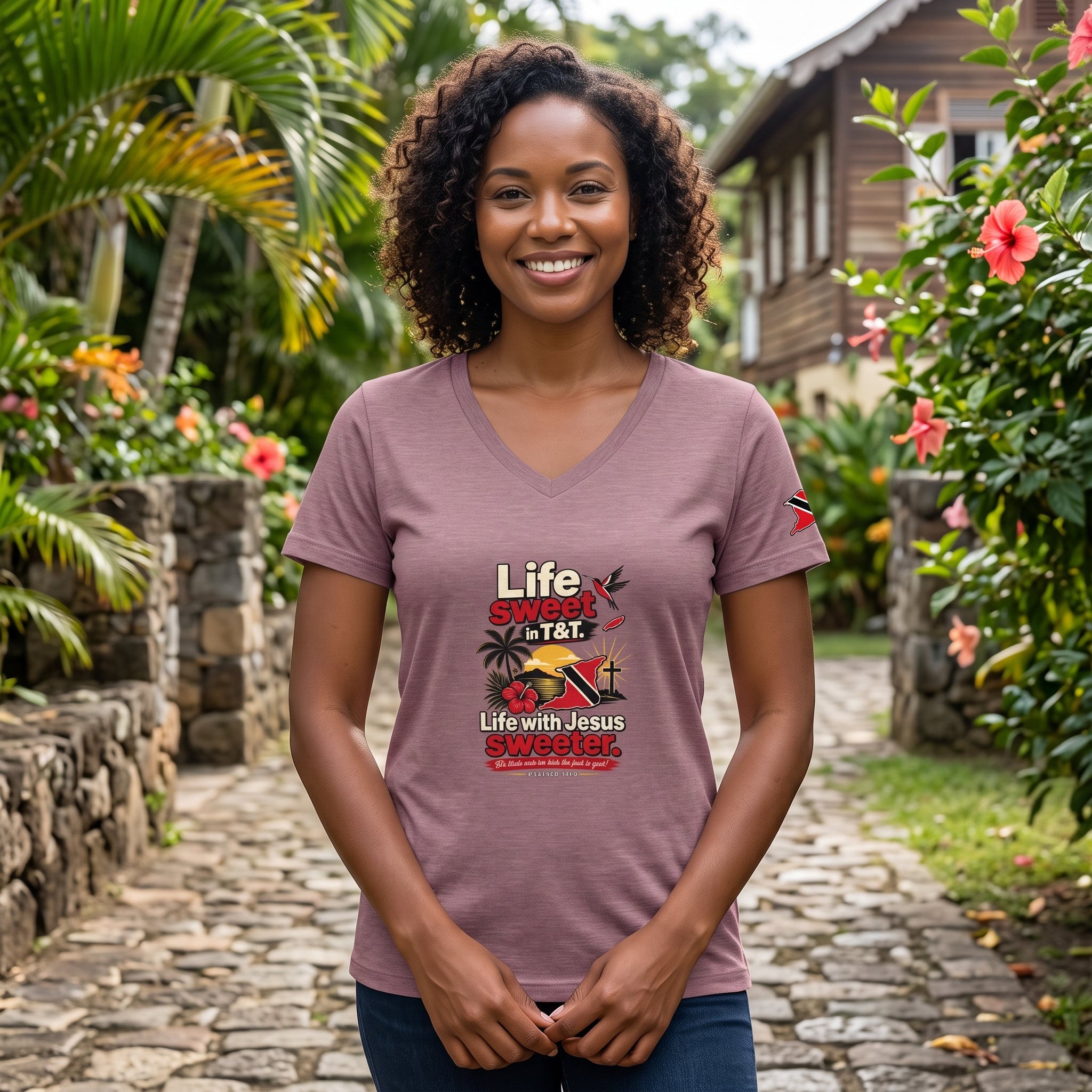 Life Sweet in T&T - Life with Jesus Sweeter - Trinidad Graphic V-Neck Tee