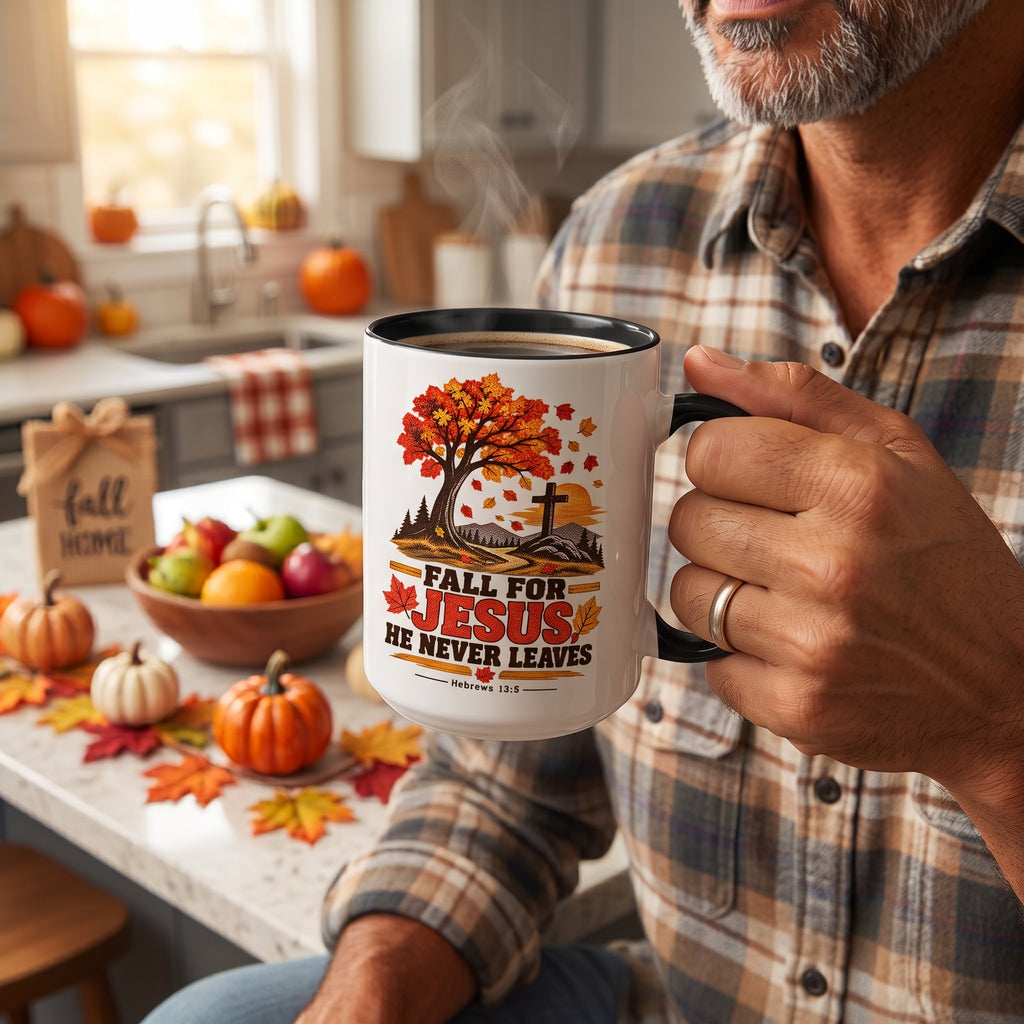Fall for Jesus - He Never Leaves - Autumn Faith Coffee Cup (11oz/15oz)