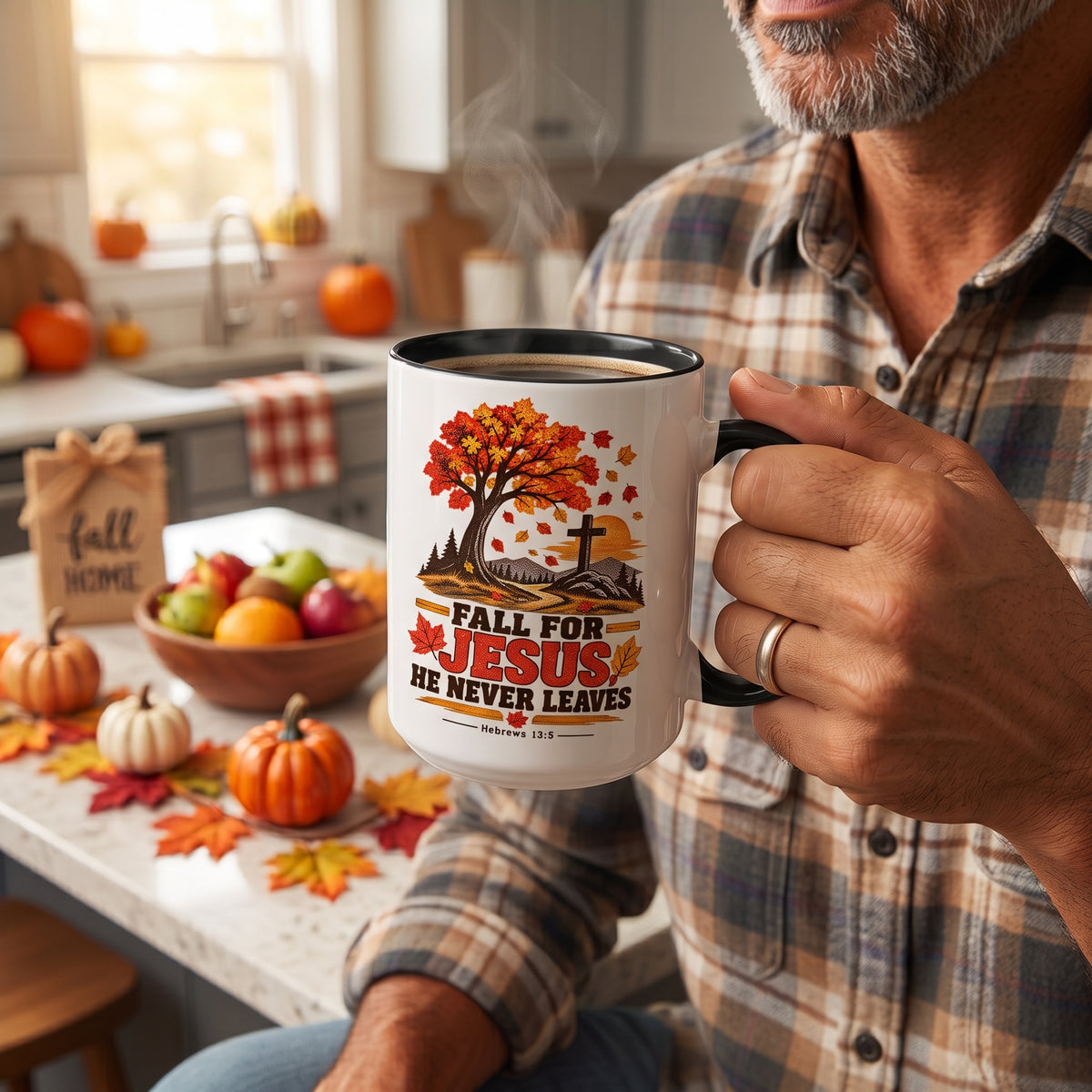 Fall for Jesus - He Never Leaves - Autumn Faith Coffee Cup (11oz/15oz)