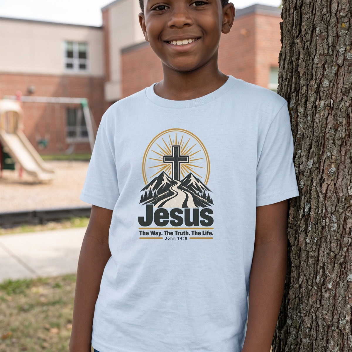 Kids Jesus Tee — "Jesus: The Way, The Truth, The Life" Christian Mountain Kids T-Shirt