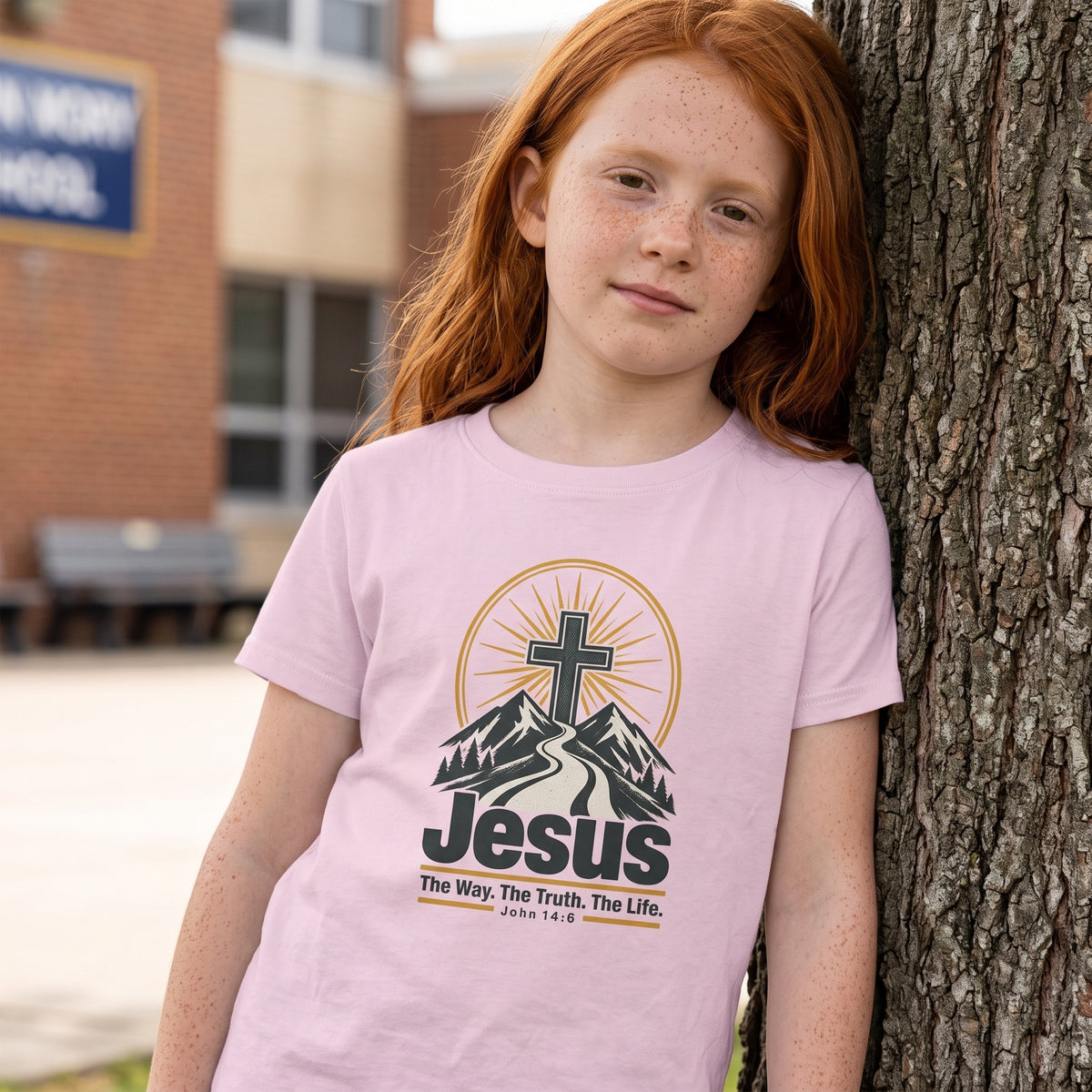 Kids Jesus Tee — "Jesus: The Way, The Truth, The Life" Christian Mountain Kids T-Shirt