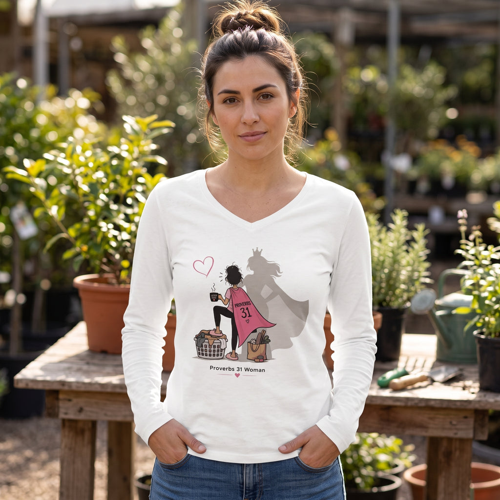 Proverbs 31 Woman V-Neck Long Sleeve Tee - Brunette