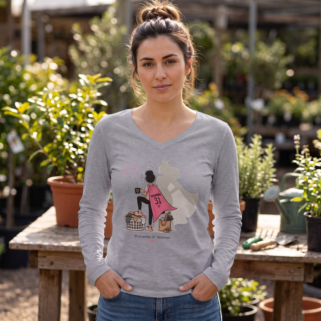 Proverbs 31 Woman V-Neck Long Sleeve Tee - Brunette