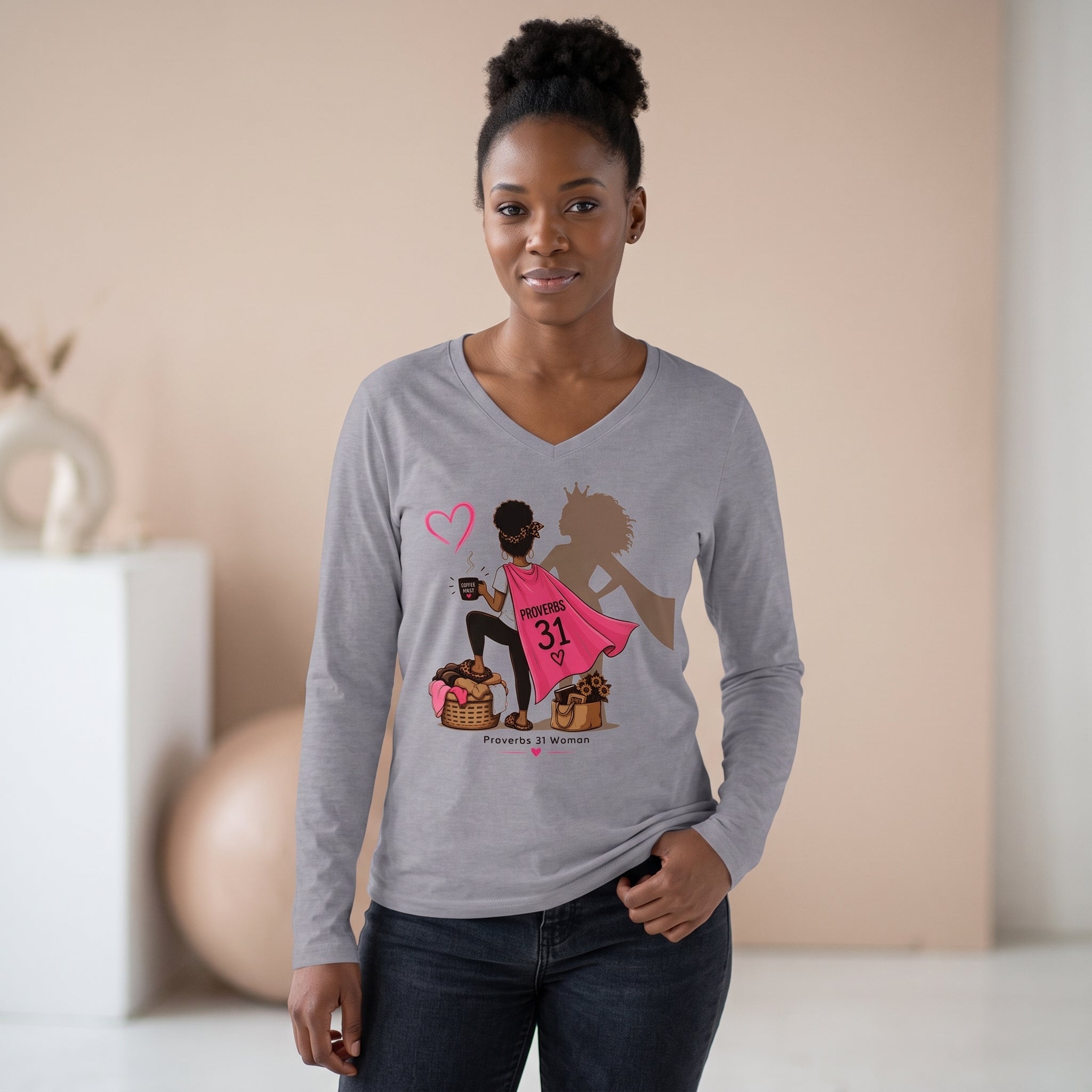 Proverbs 31 Woman V-Neck Long Sleeve Tee - Black