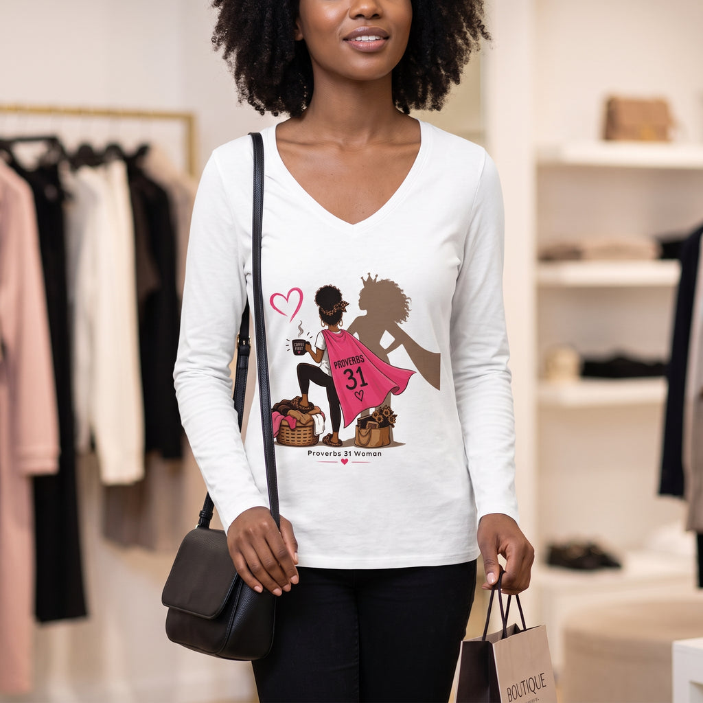 Proverbs 31 Woman V-Neck Long Sleeve Tee - Black