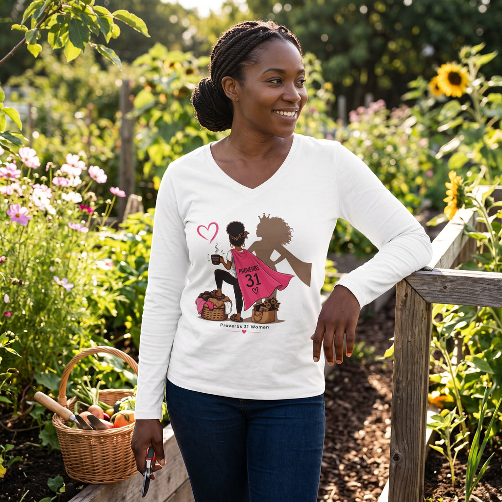 Proverbs 31 Woman V-Neck Long Sleeve Tee - Black