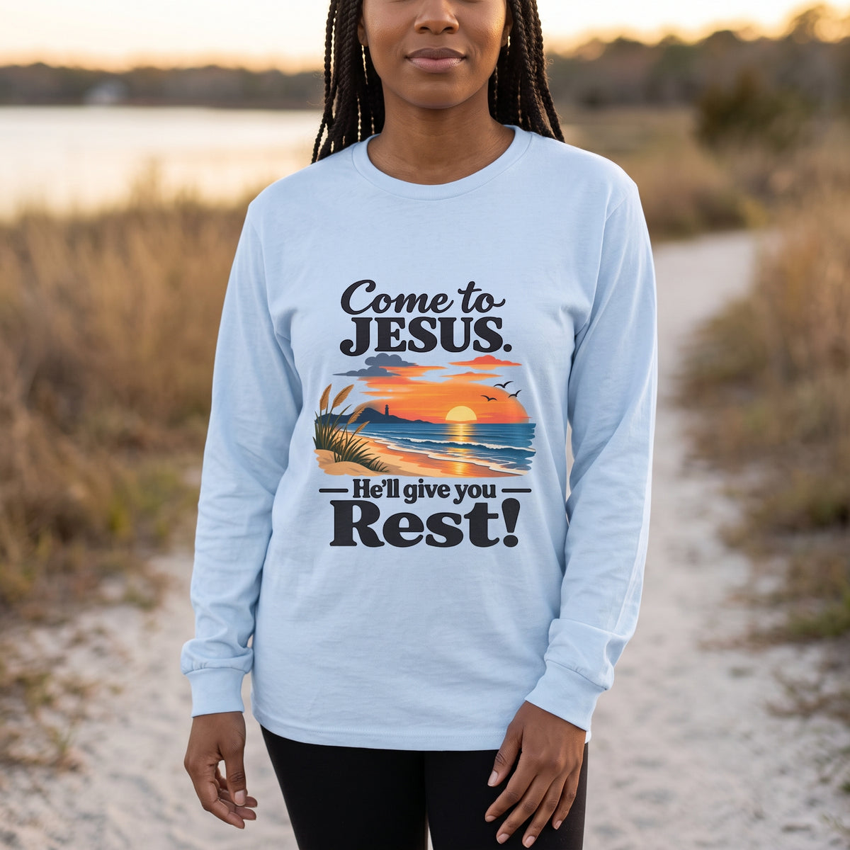 Come to Jesus, He'll Give You Rest — Christian Faith Graphic Unisex Long Sleeve Tee