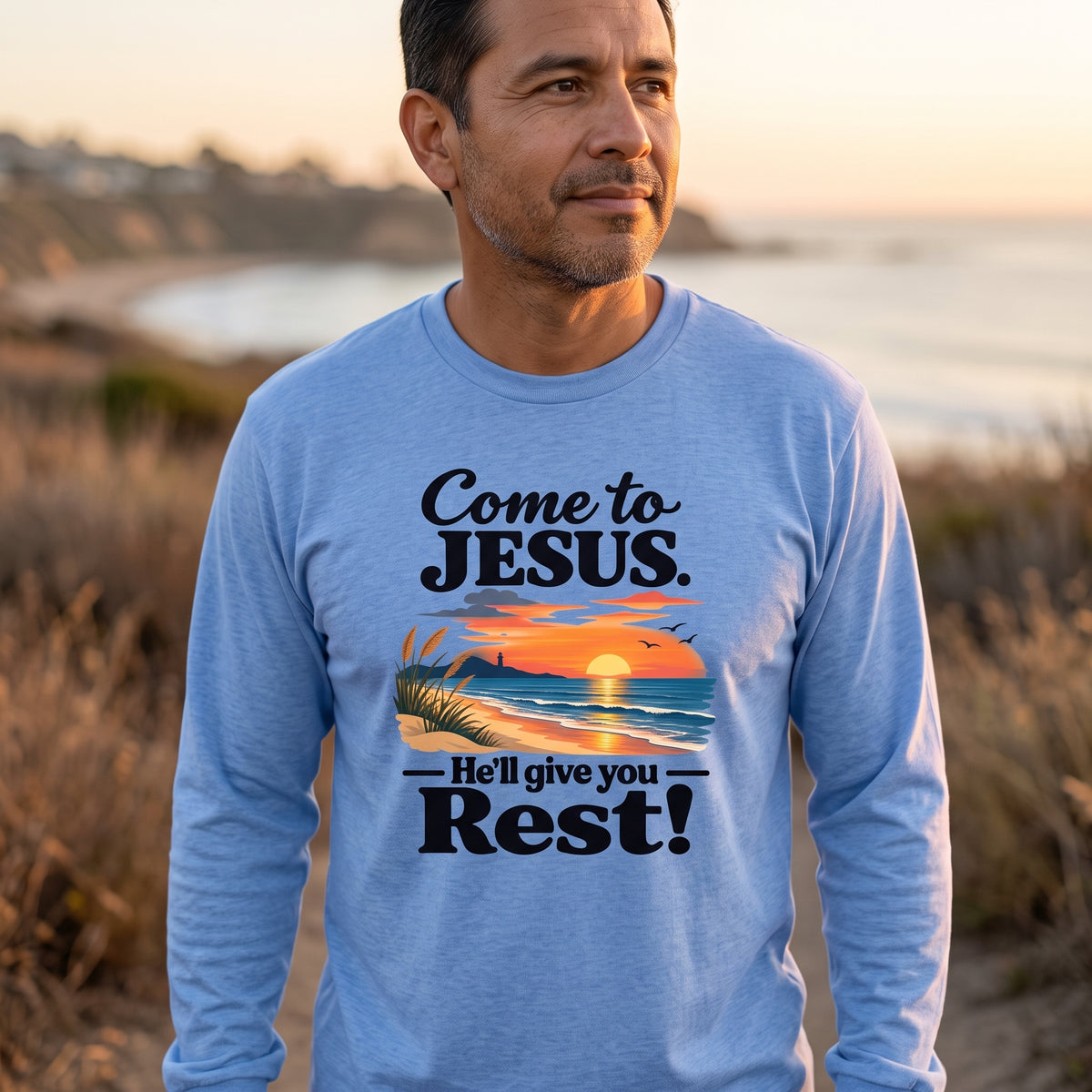 Come to Jesus, He'll Give You Rest — Christian Faith Graphic Unisex Long Sleeve Tee