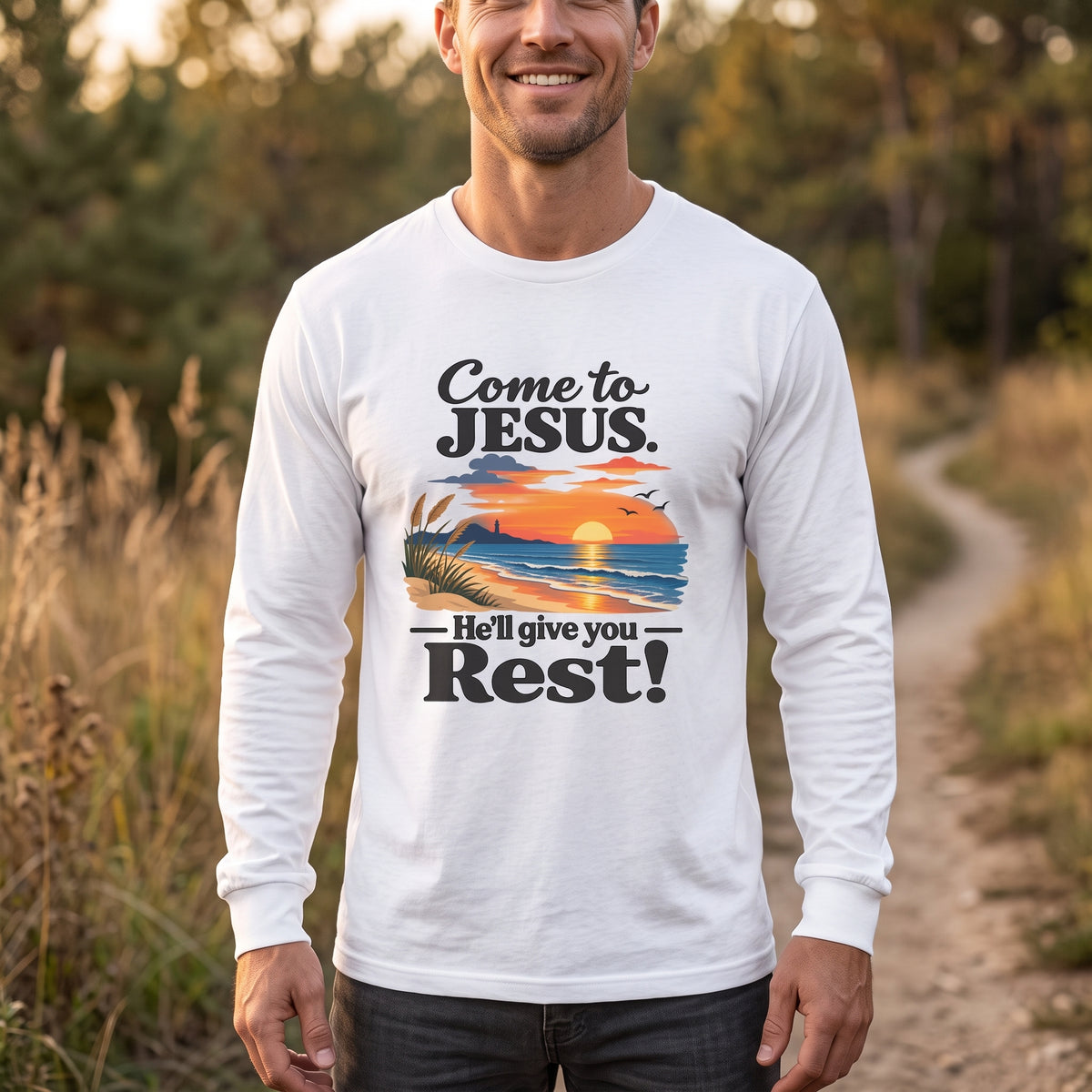 Come to Jesus, He'll Give You Rest — Christian Faith Graphic Unisex Long Sleeve Tee