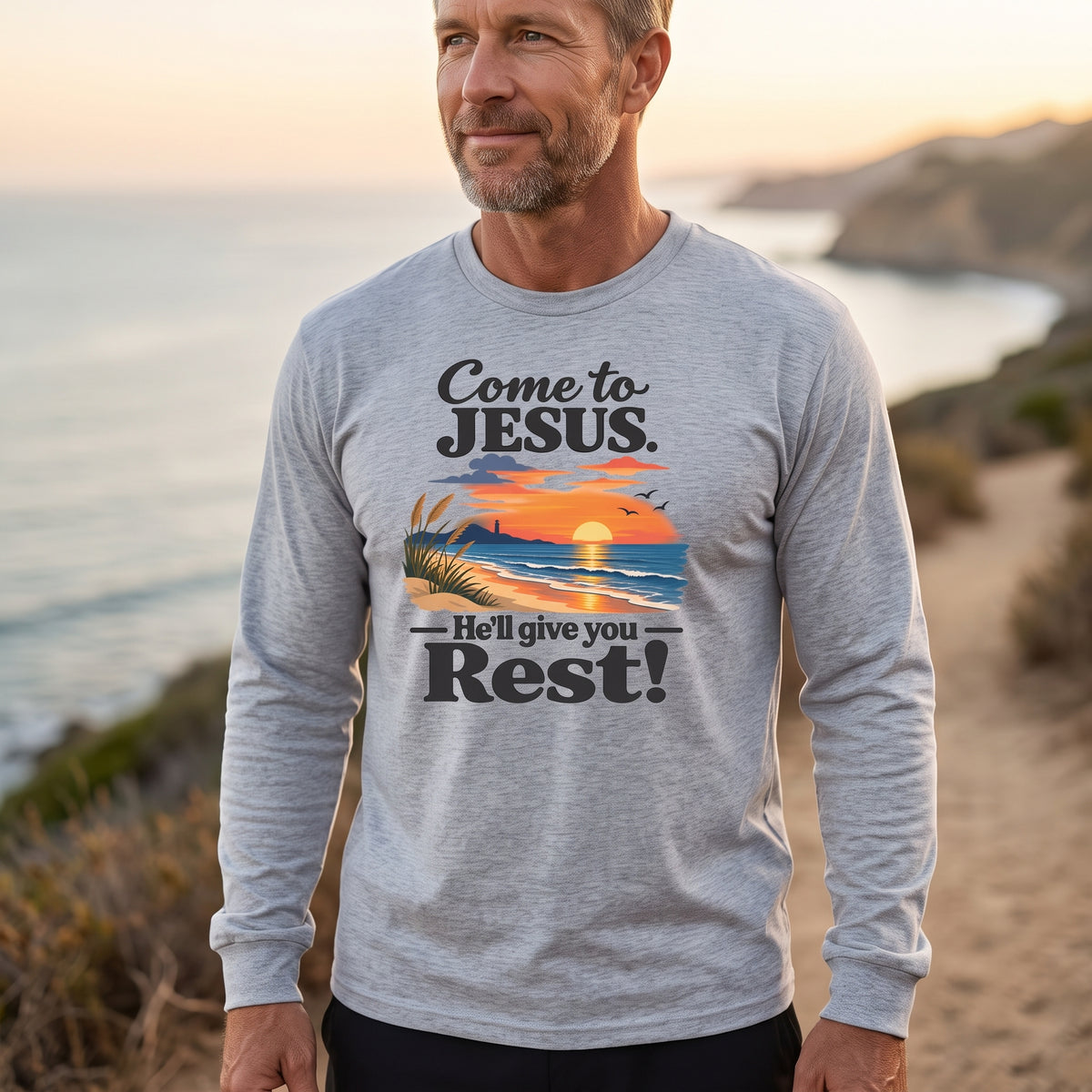 Come to Jesus, He'll Give You Rest — Christian Faith Graphic Unisex Long Sleeve Tee