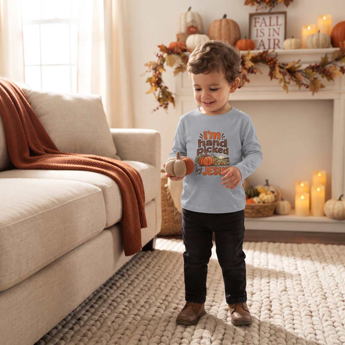 Toddler Tee — "I'm Hand Picked by Jesus" Fall Pumpkin Christian Long Sleeve (2T - 6T)