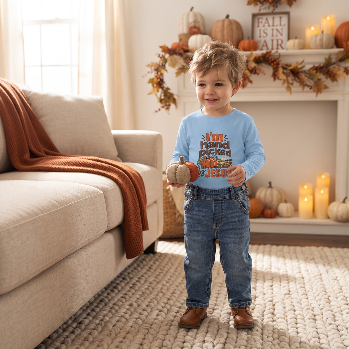 Toddler Tee — "I'm Hand Picked by Jesus" Fall Pumpkin Christian Long Sleeve (2T - 6T)