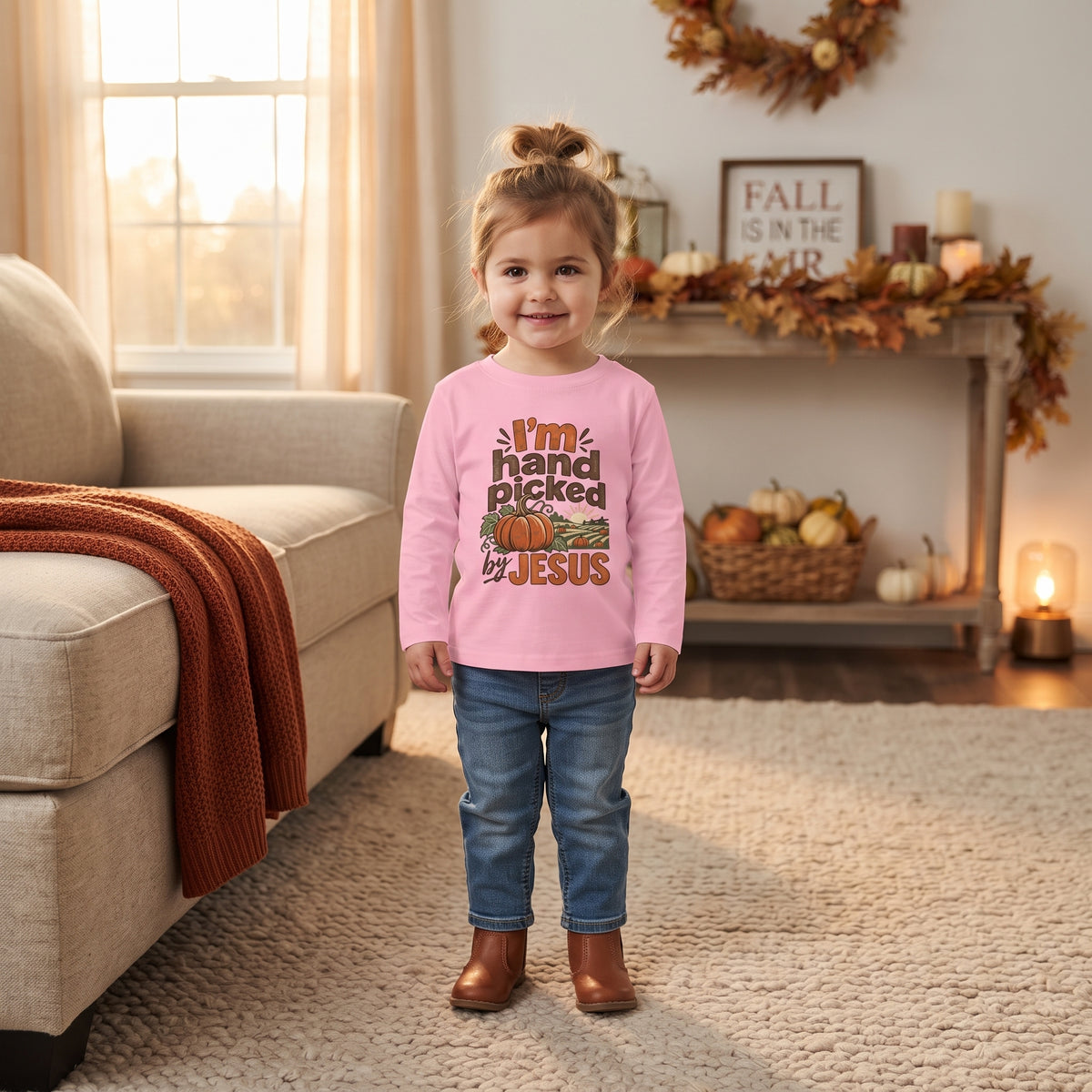Toddler Tee — "I'm Hand Picked by Jesus" Fall Pumpkin Christian Long Sleeve (2T - 6T)
