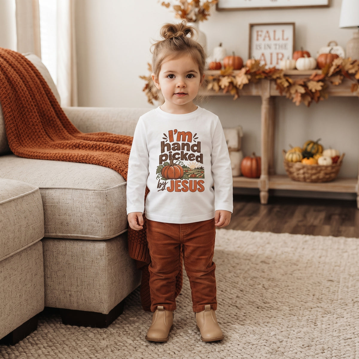Toddler Tee — "I'm Hand Picked by Jesus" Fall Pumpkin Christian Long Sleeve (2T - 6T)