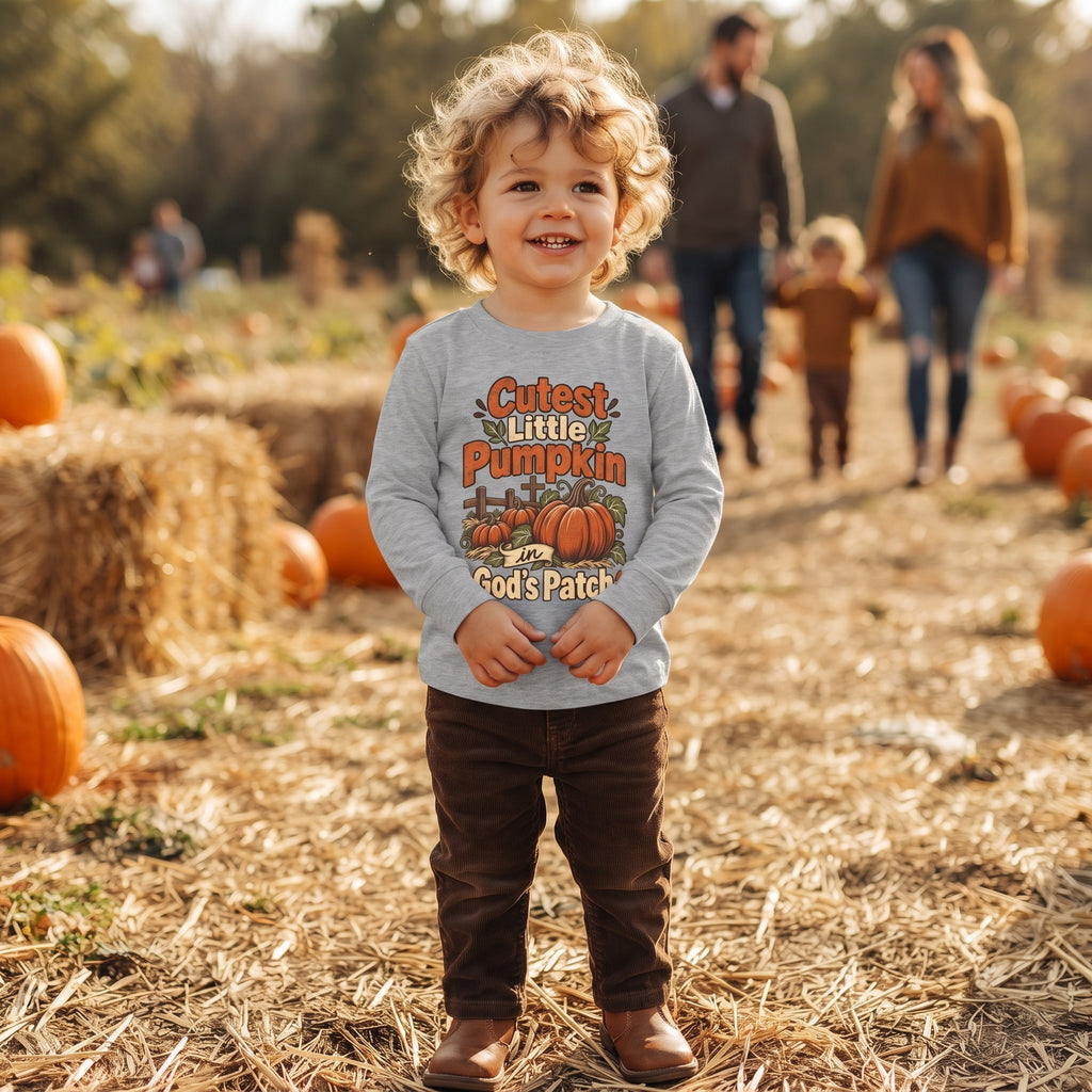 Cutest Little Pumpkin Toddler Long Sleeve Tee – "God's Patch" Fall Pumpkin Shirt (2T - 6T)
