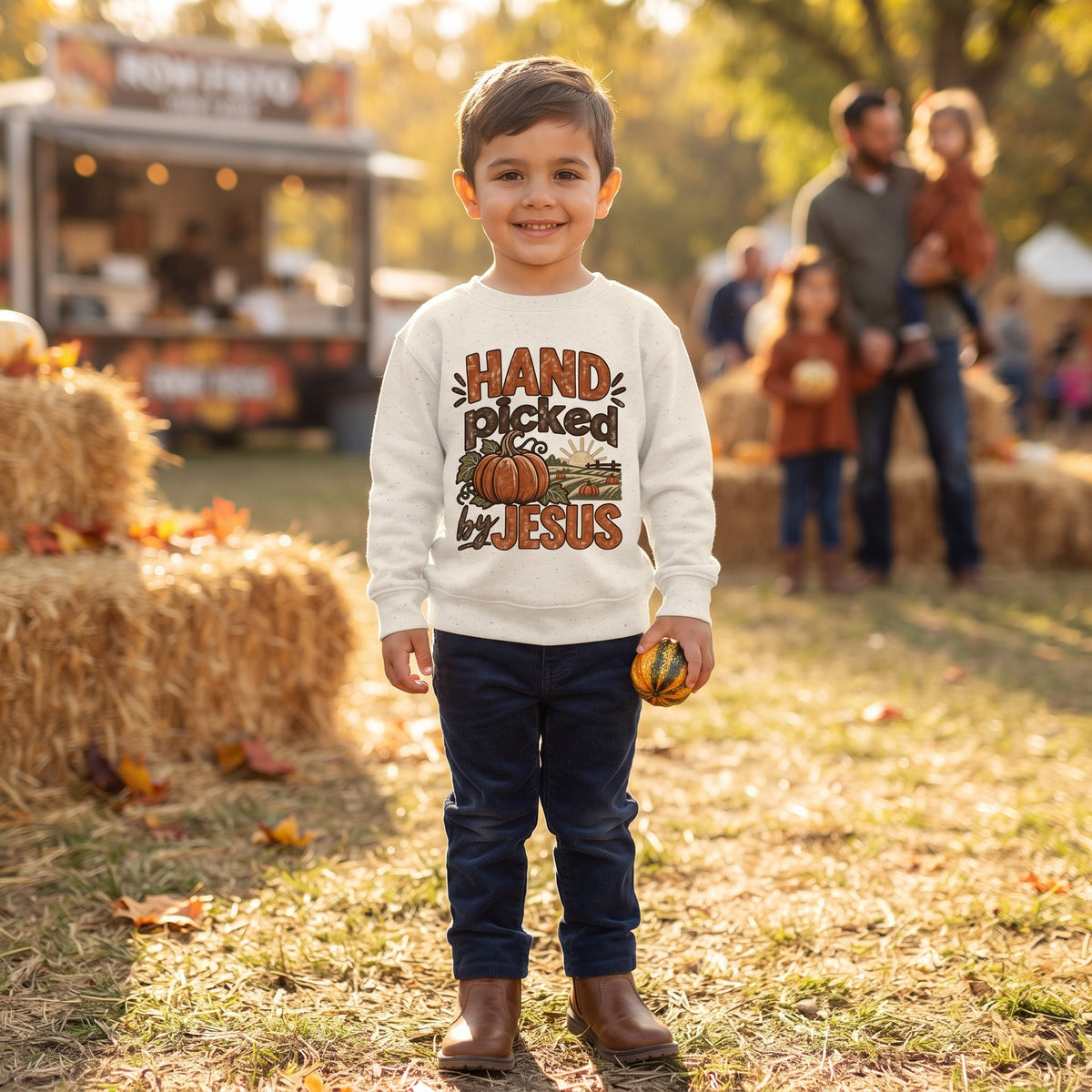 Little Kids - Hand Picked by Jesus - Pumpkin Fall Christian Thanksgiving Sweatshirt (2T - 7T)