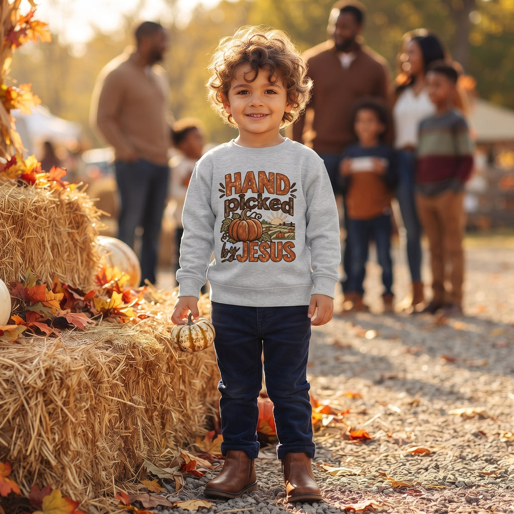 Little Kids - Hand Picked by Jesus - Pumpkin Fall Christian Thanksgiving Sweatshirt (2T - 7T)