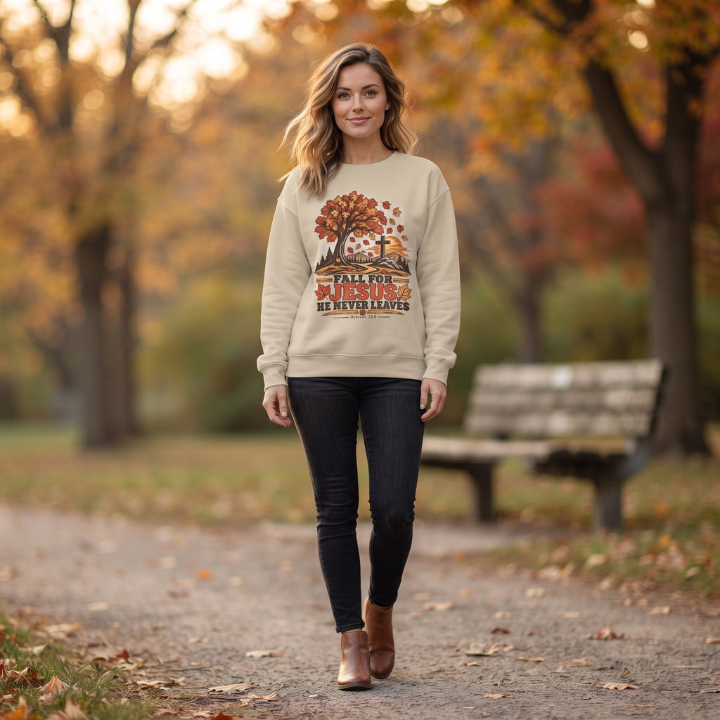 Fall For Jesus - He Never Leaves - Christian Graphic Crewneck Fall Sweatshirt