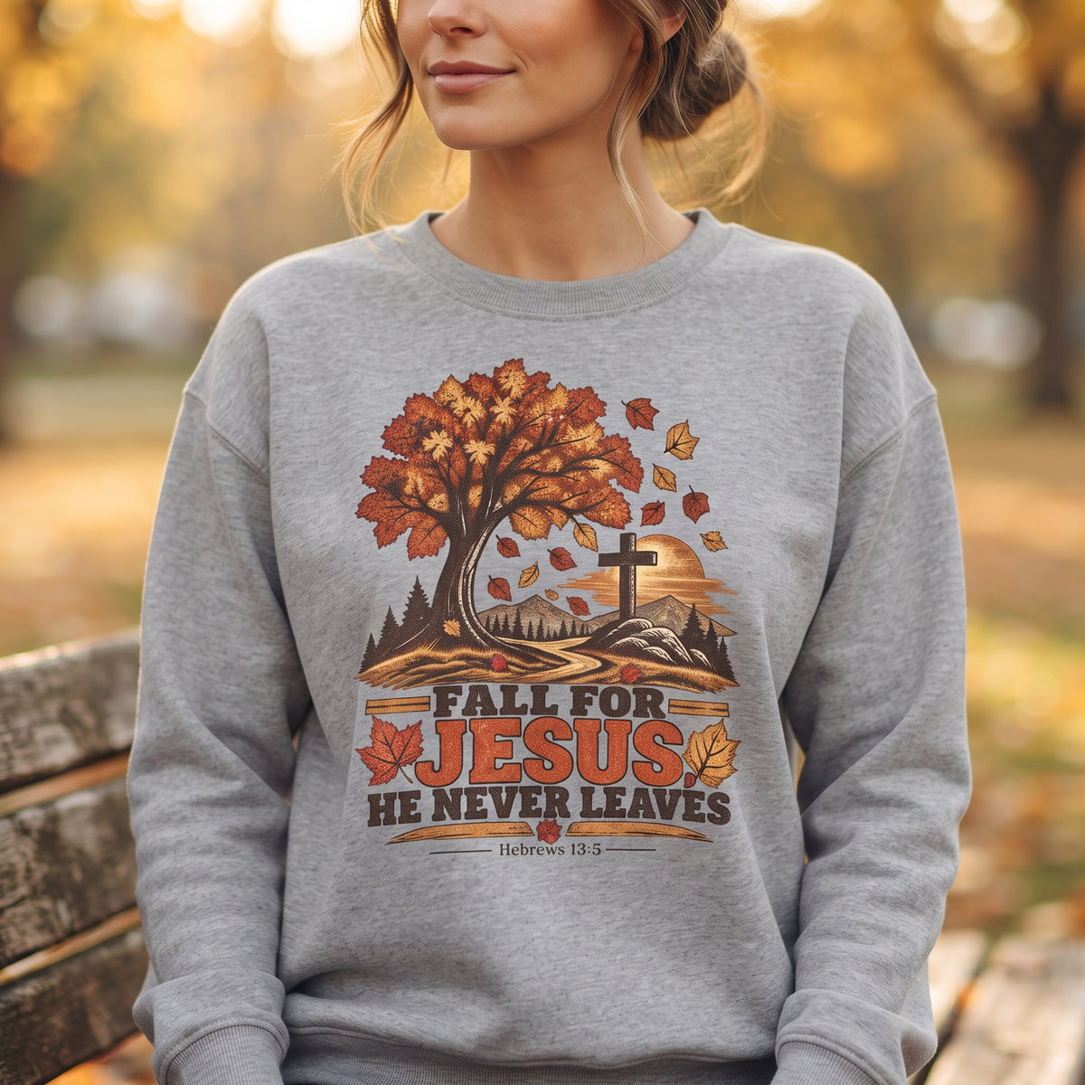 Fall For Jesus - He Never Leaves - Christian Graphic Crewneck Sweatshirt