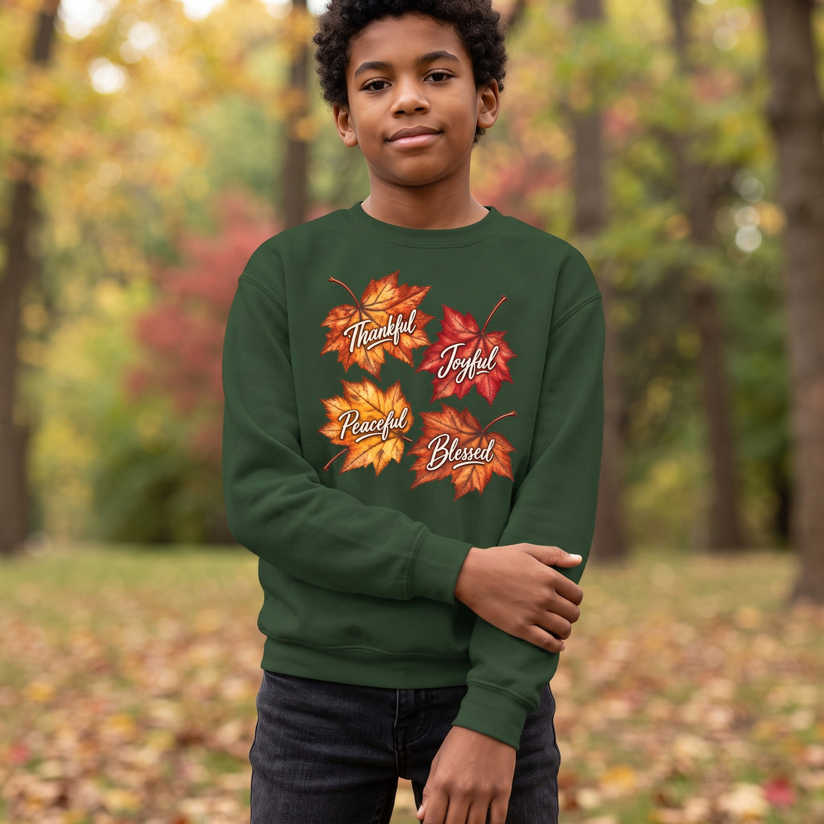 Youth - Thankful, Grateful, Peaceful, Blessed - Crewneck Thanksgiving Sweatshirt - Autumn Leaves Pullover