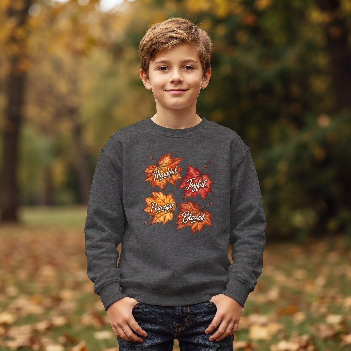 Youth - Thankful, Grateful, Peaceful, Blessed - Crewneck Thanksgiving Sweatshirt - Autumn Leaves Pullover