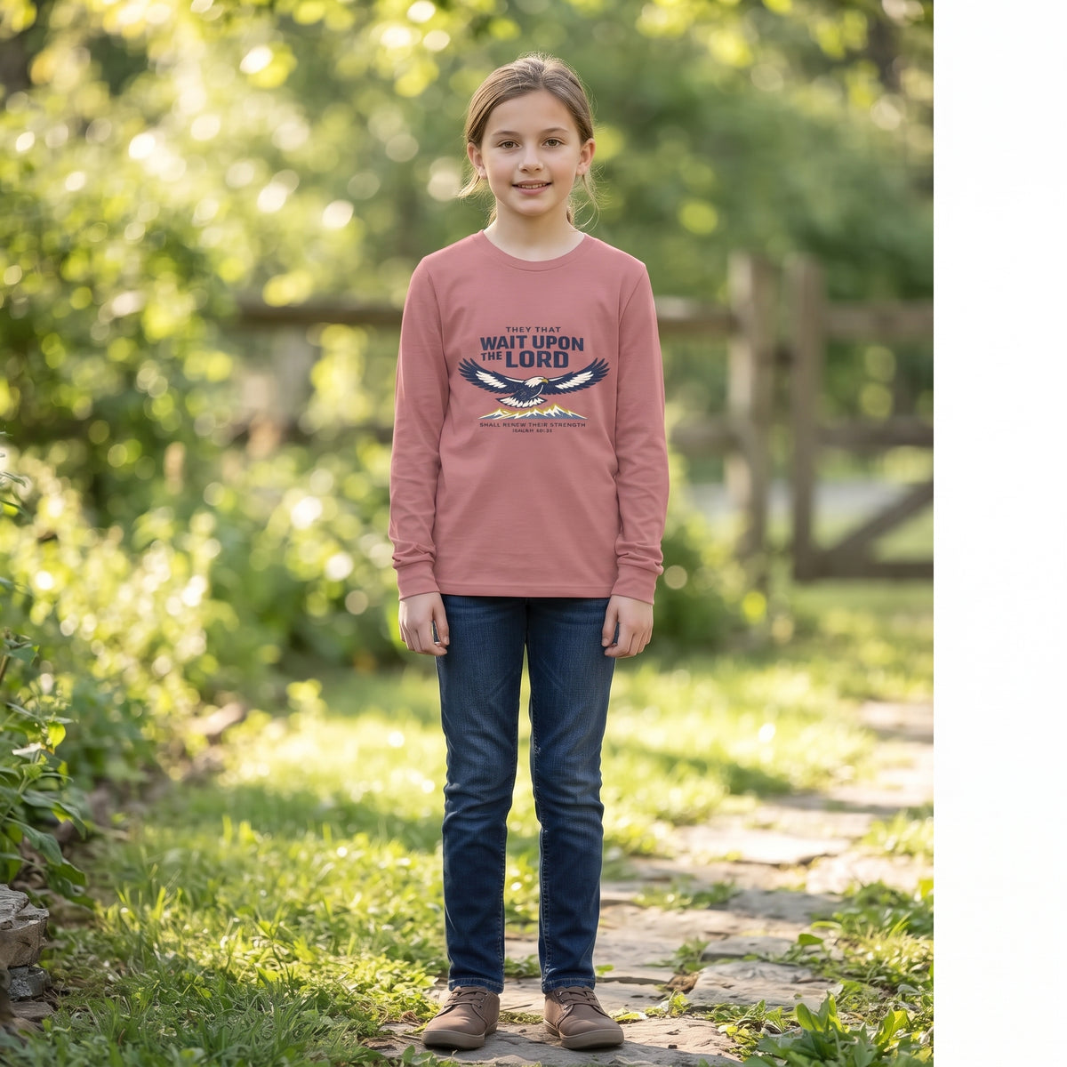 Youth Long Sleeve Tee — “They That Wait Upon the Lord” Eagle Christian Faith Shirt