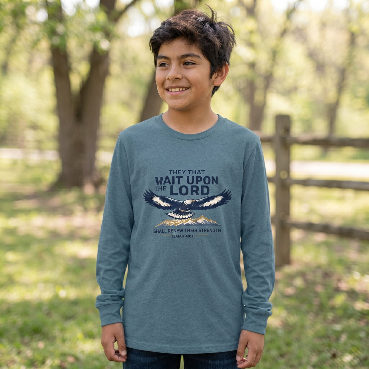 Youth Long Sleeve Tee — “They That Wait Upon the Lord” Eagle Christian Faith Shirt