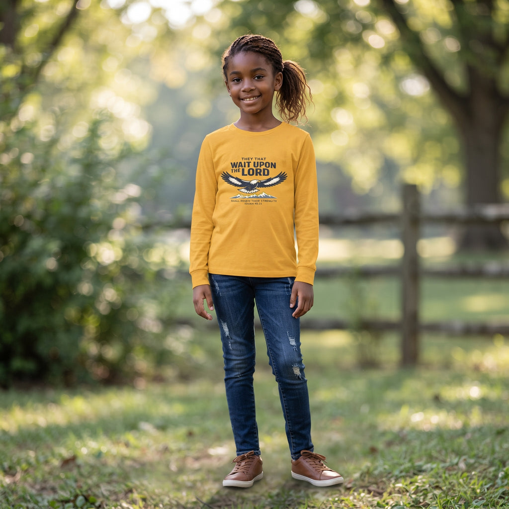 Youth Long Sleeve Tee — “They That Wait Upon the Lord” Eagle Christian Faith Shirt