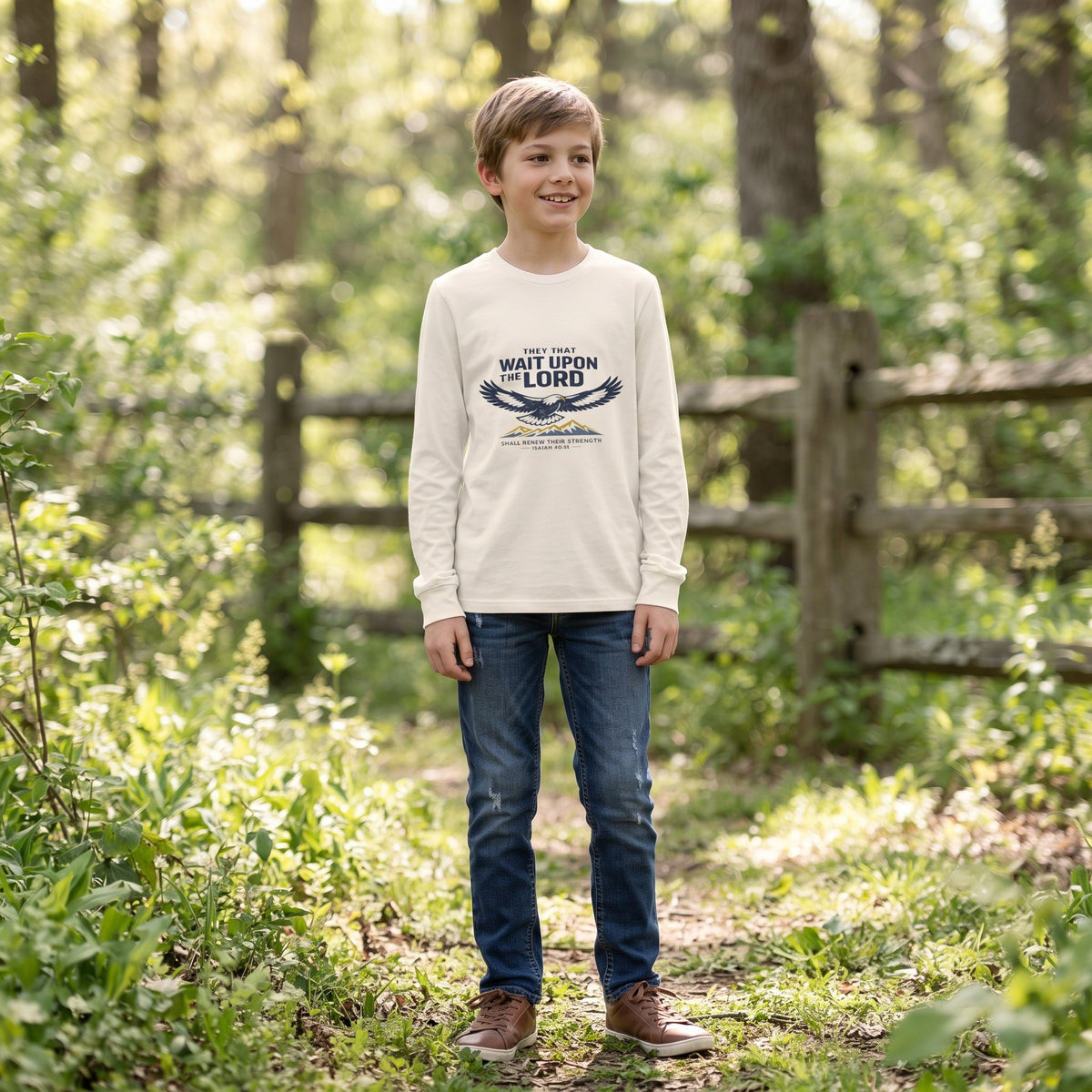 Youth Long Sleeve Tee — “They That Wait Upon the Lord” Eagle Christian Faith Shirt