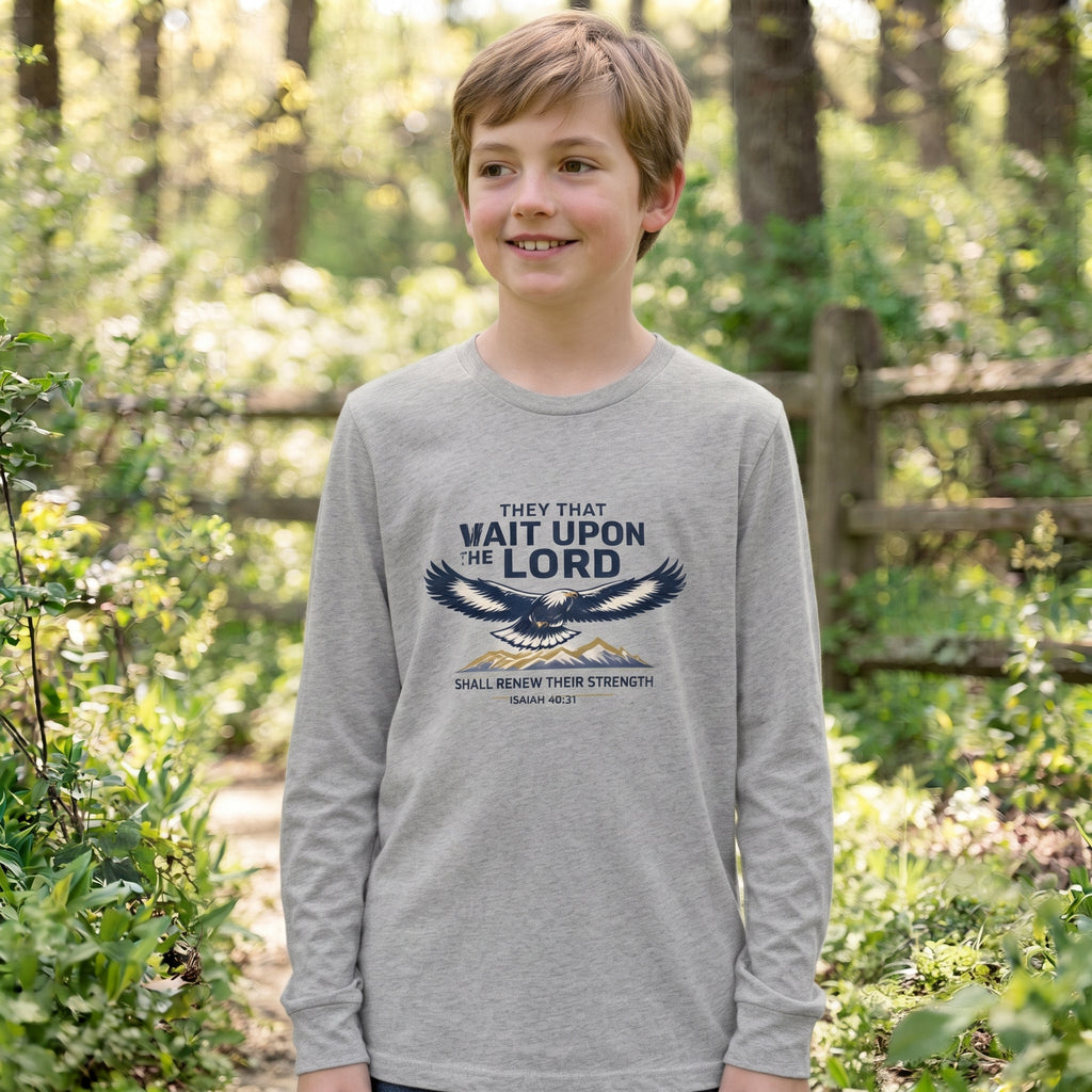 Youth Long Sleeve Tee — “They That Wait Upon the Lord” Eagle Christian Faith Shirt